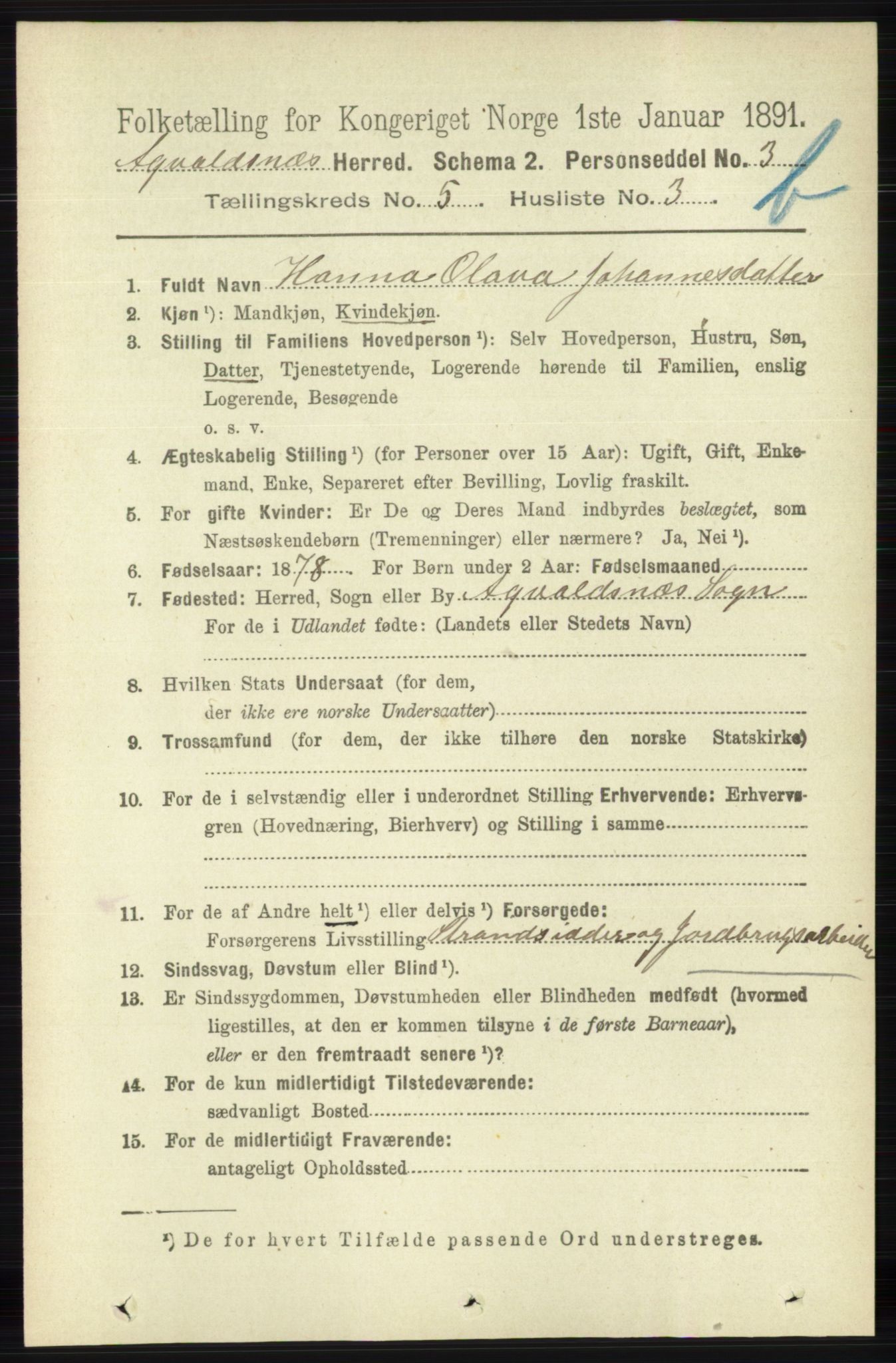 RA, 1891 census for 1147 Avaldsnes, 1891, p. 3032