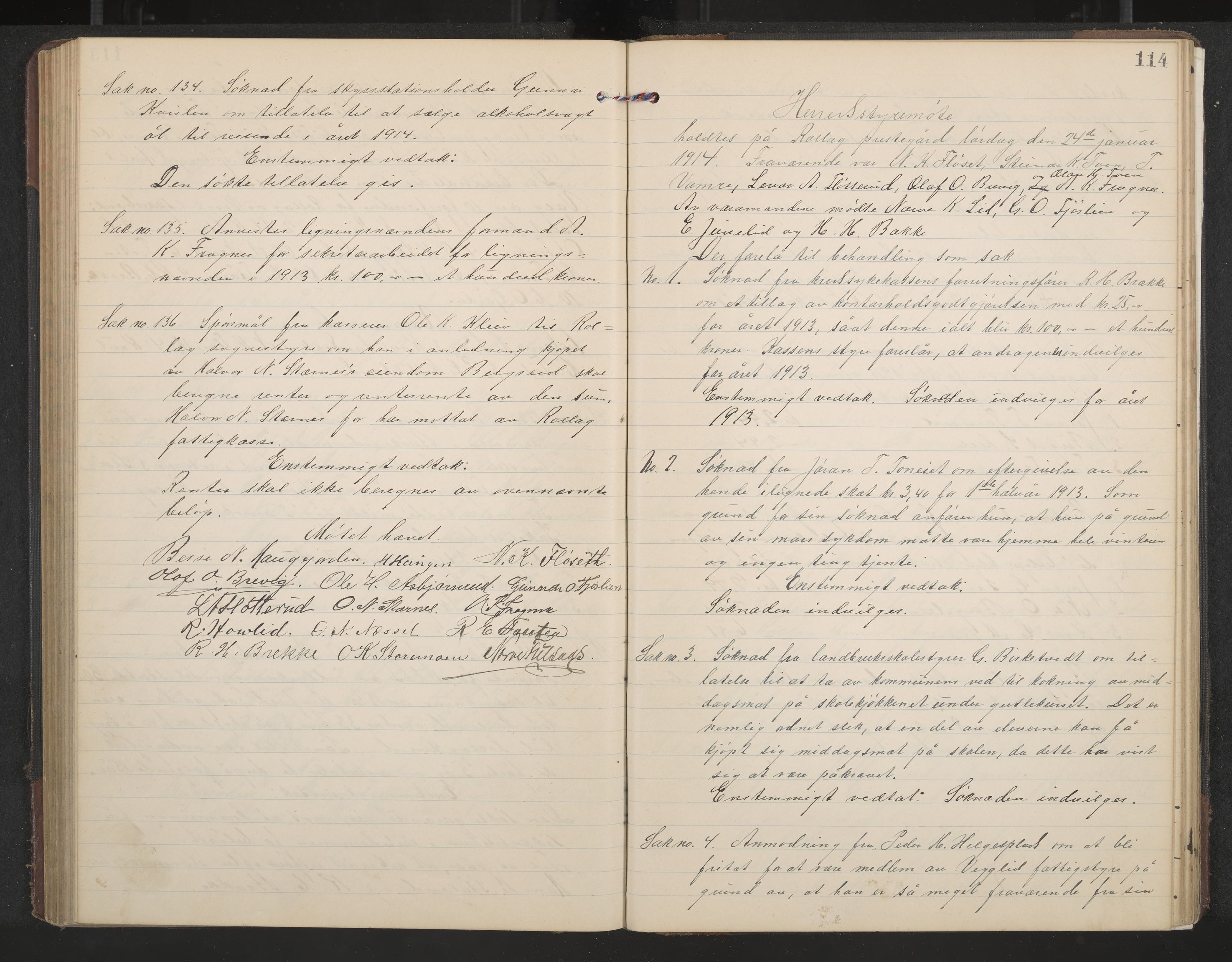 Rollag formannskap og sentraladministrasjon, IKAK/0632021-2/A/Aa/L0005: Møtebok, 1909-1915, p. 114