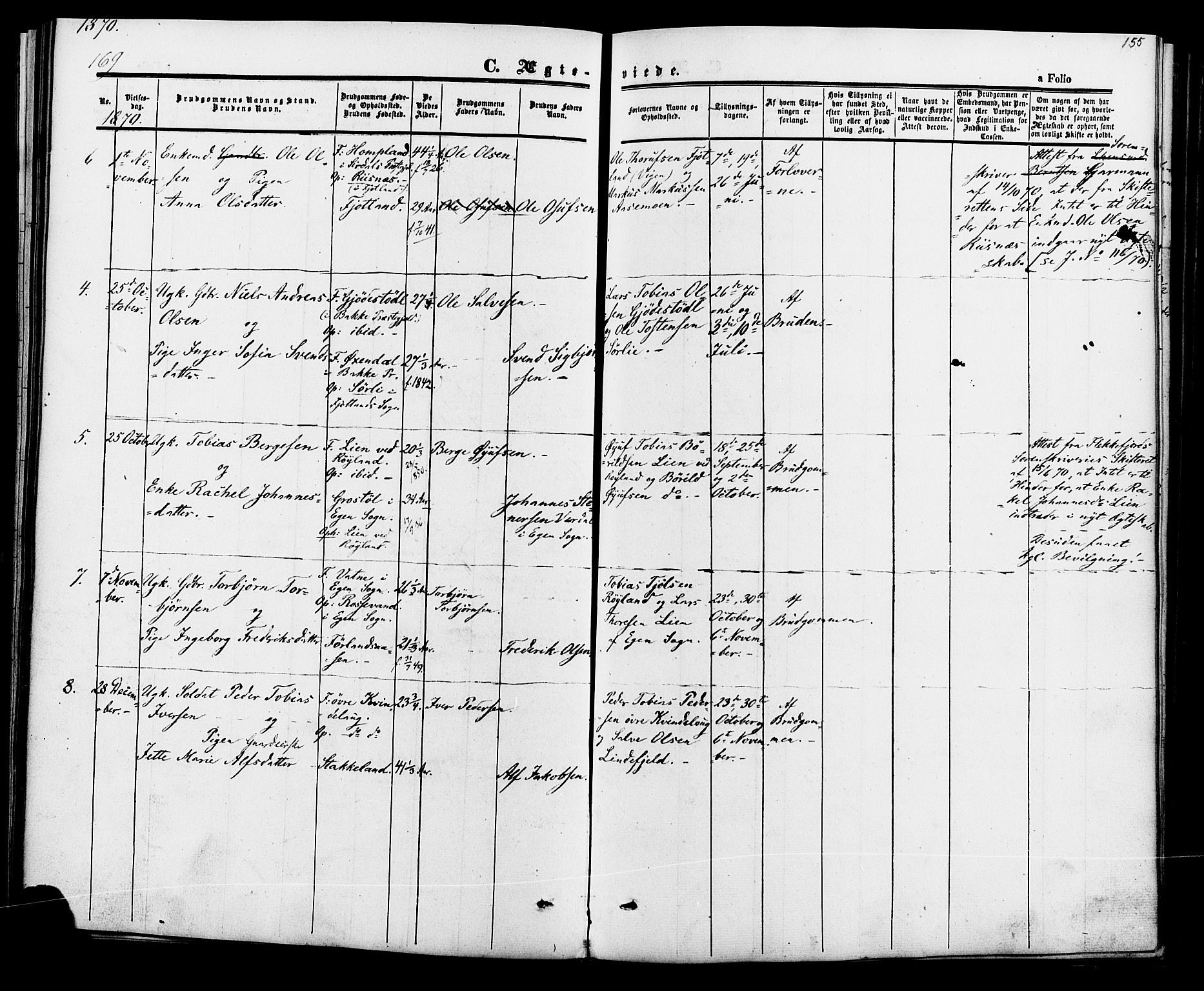 Fjotland sokneprestkontor, AV/SAK-1111-0010/F/Fa/L0001: Parish register (official) no. A 1, 1850-1879, p. 155