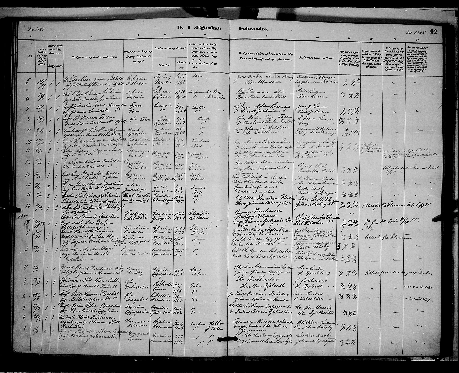 Østre Toten prestekontor, AV/SAH-PREST-104/H/Ha/Hab/L0005: Parish register (copy) no. 5, 1884-1893, p. 92