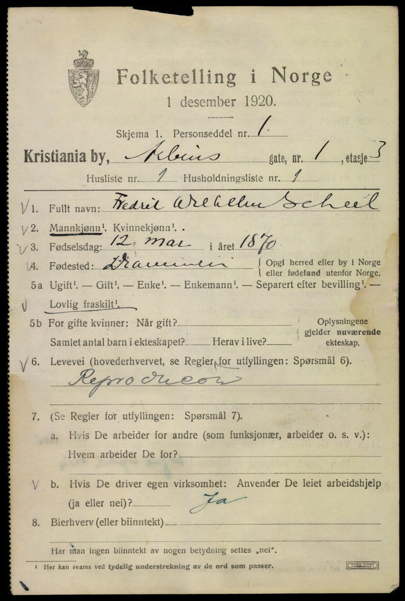 SAO, 1920 census for Kristiania, 1920, p. 142063