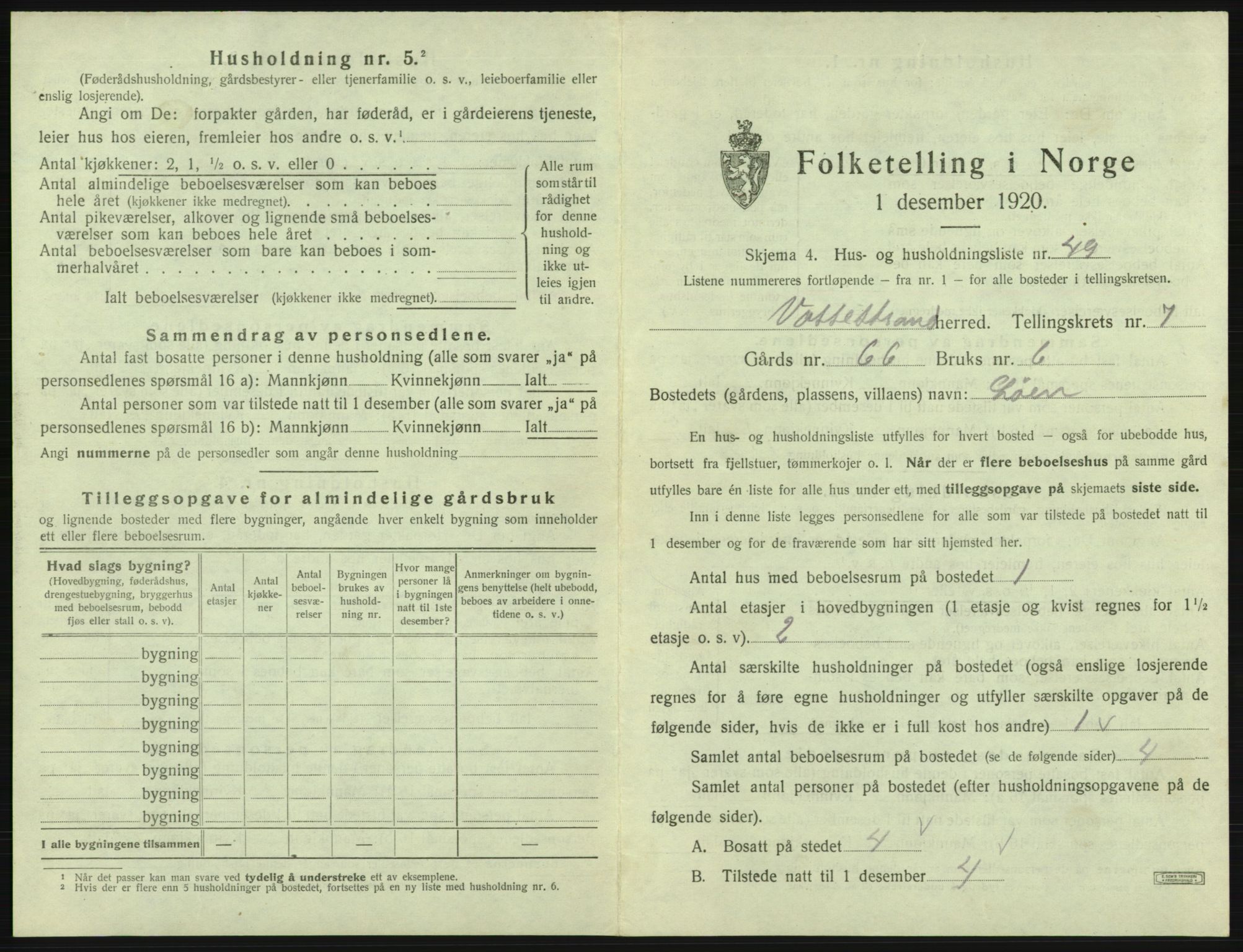 SAB, 1920 census for Vossestrand, 1920, p. 544