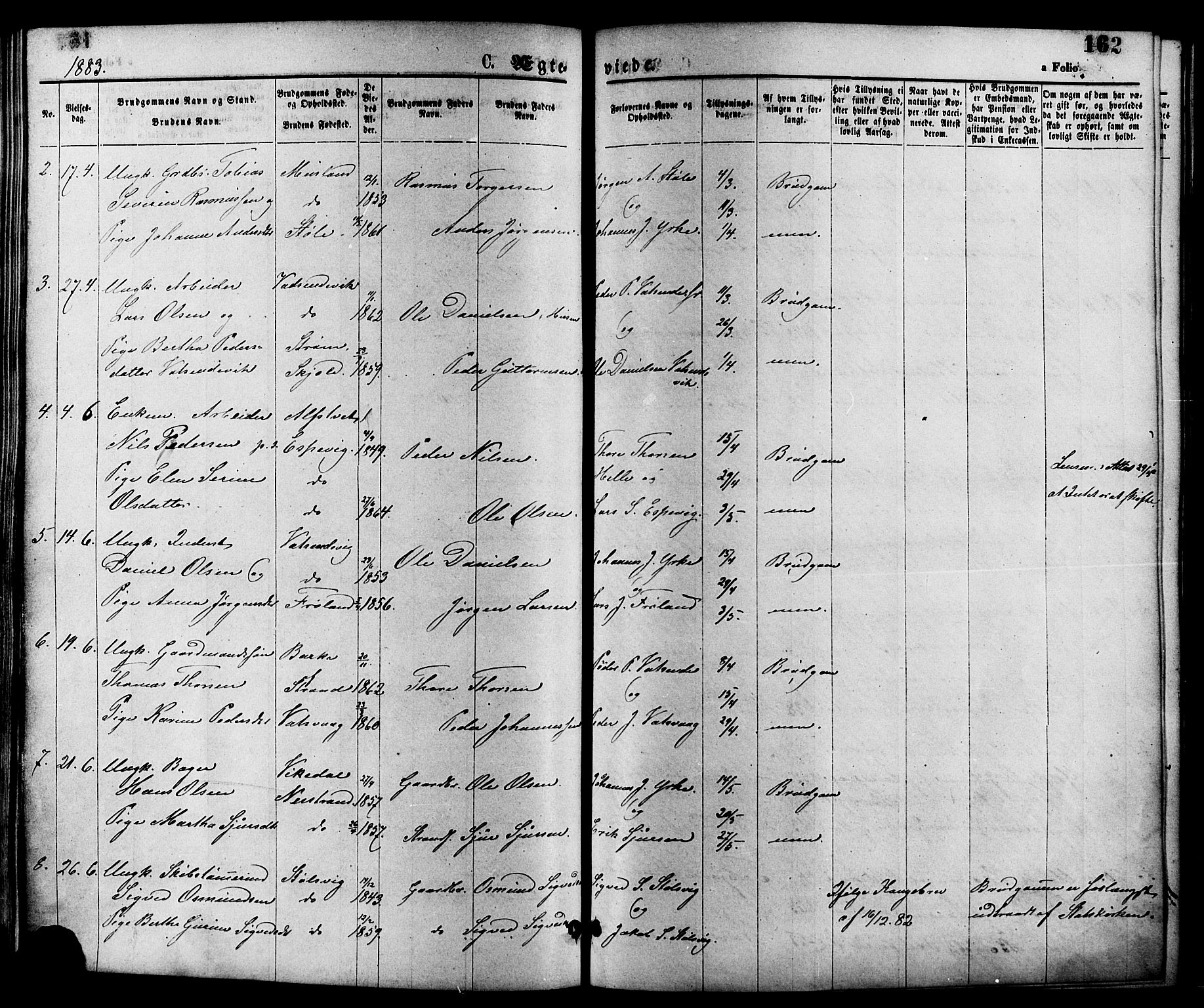Nedstrand sokneprestkontor, SAST/A-101841/01/IV: Parish register (official) no. A 11, 1877-1887, p. 162
