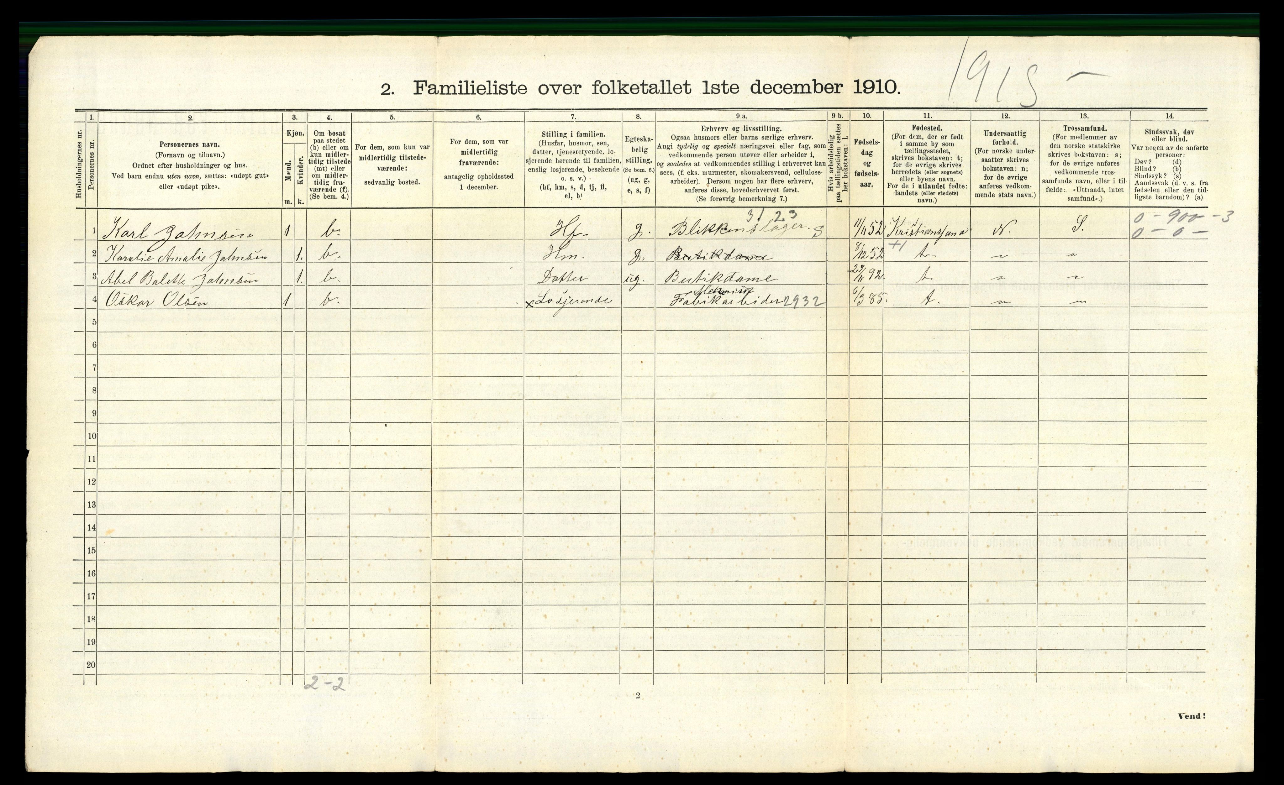 RA, 1910 census for Kristiansand, 1910, p. 7911