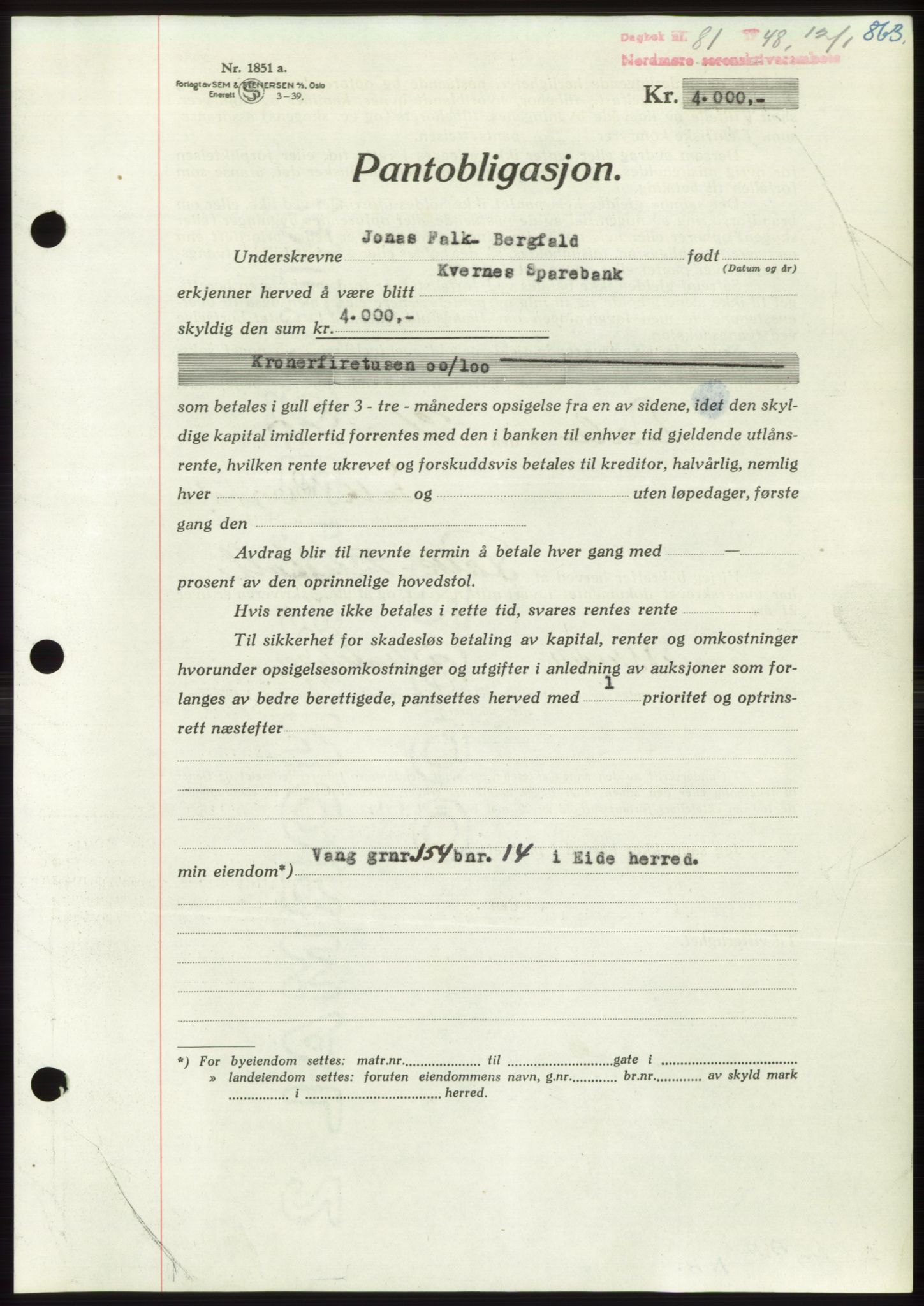 Nordmøre sorenskriveri, AV/SAT-A-4132/1/2/2Ca: Mortgage book no. B97, 1947-1948, Diary no: : 81/1948