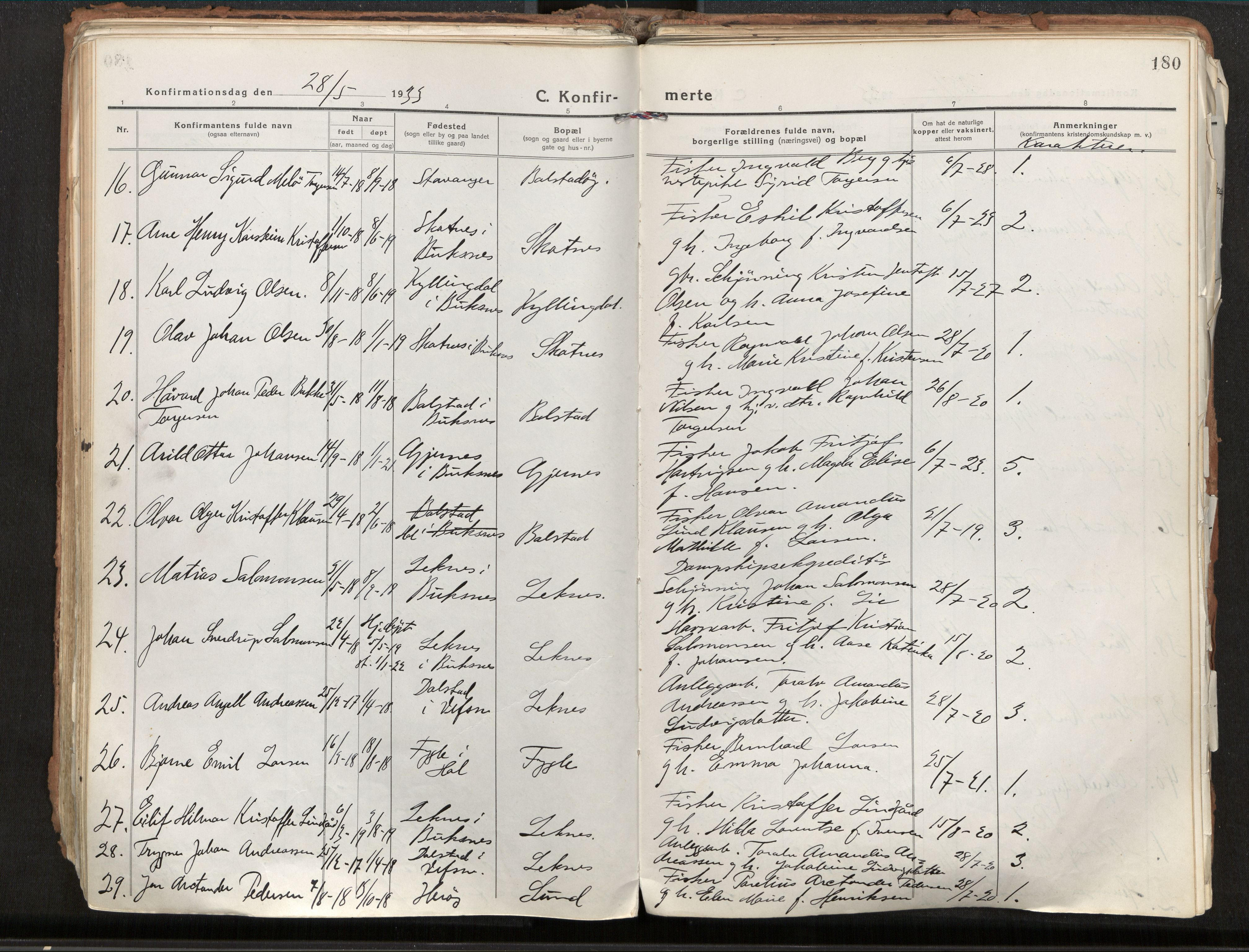 Ministerialprotokoller, klokkerbøker og fødselsregistre - Nordland, AV/SAT-A-1459/881/L1160: Parish register (official) no. 881A13, 1919-1937, p. 180