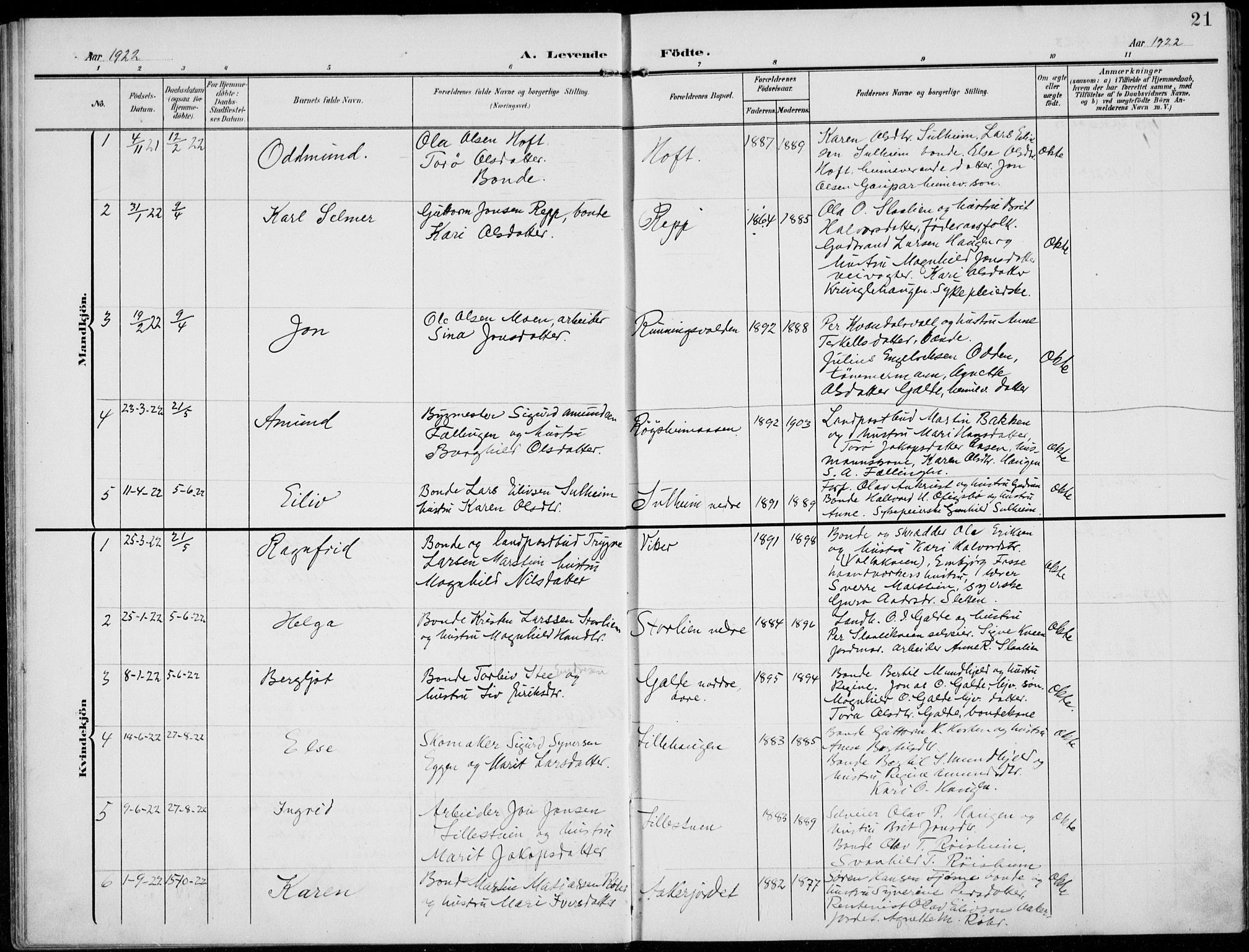 Lom prestekontor, AV/SAH-PREST-070/L/L0007: Parish register (copy) no. 7, 1904-1938, p. 21