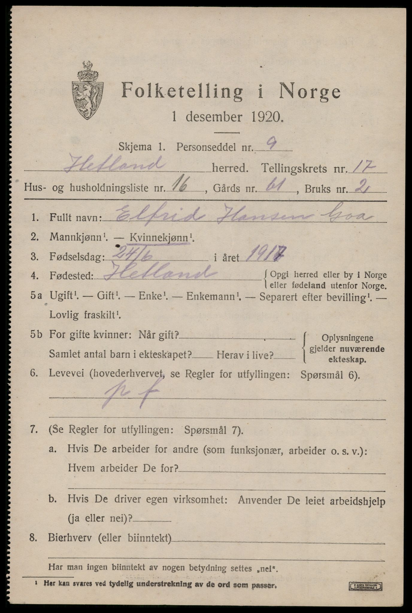 SAST, 1920 census for Hetland, 1920, p. 24705