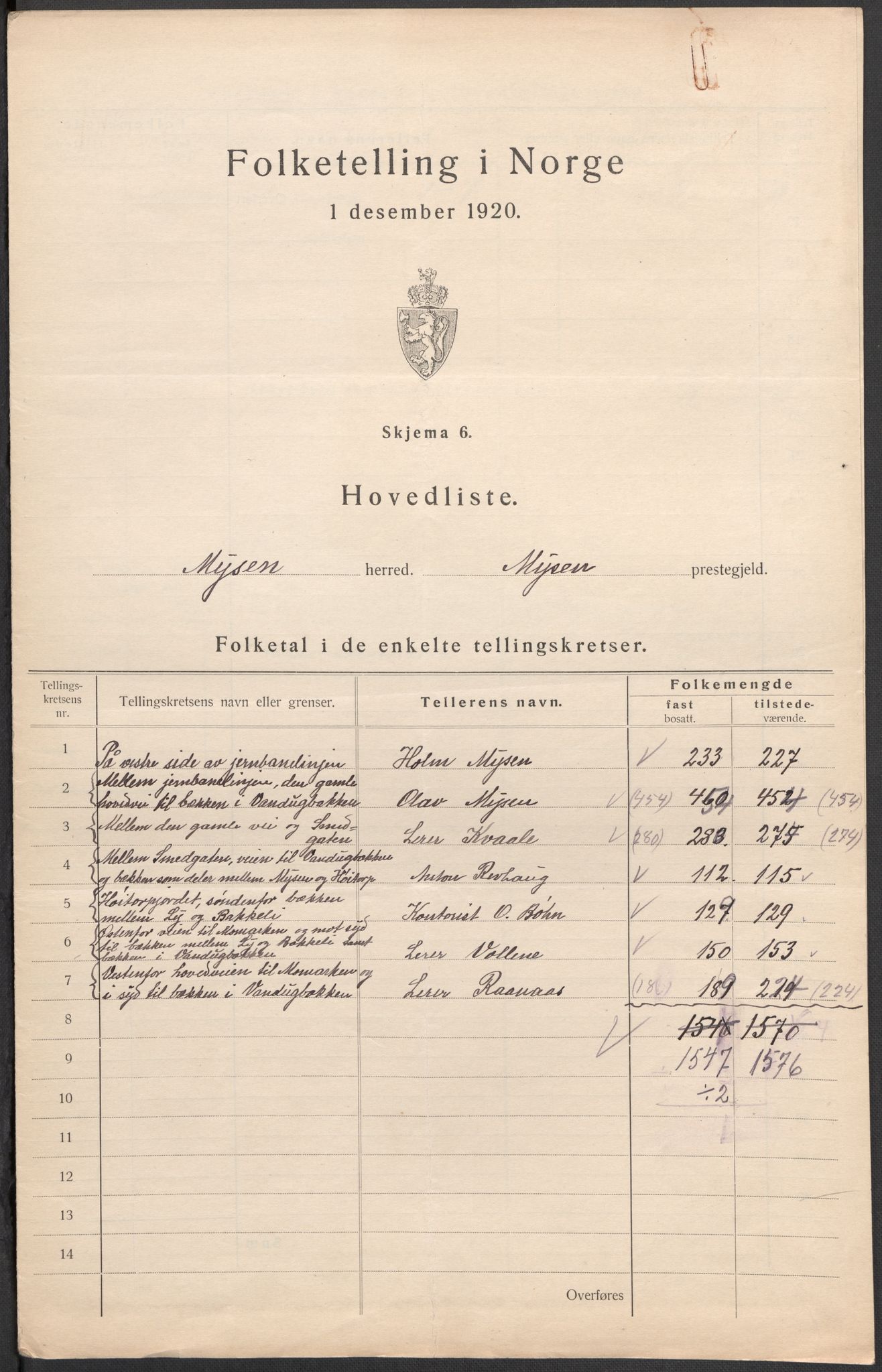 SAO, 1920 census for Mysen, 1920, p. 6