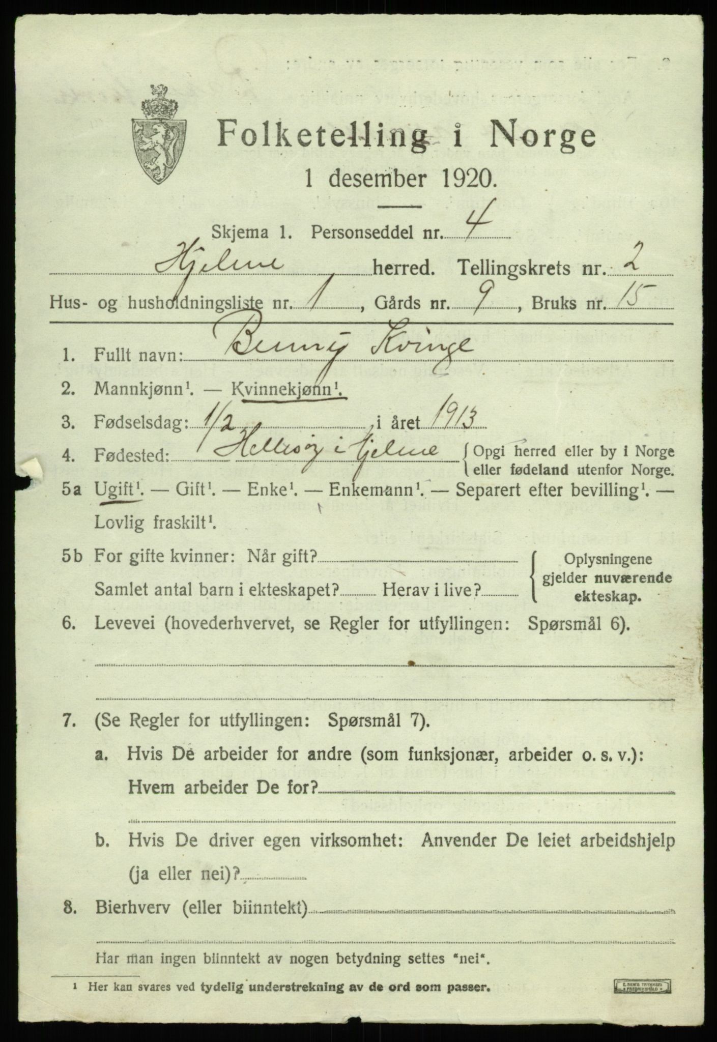 SAB, 1920 census for Hjelme, 1920, p. 1078