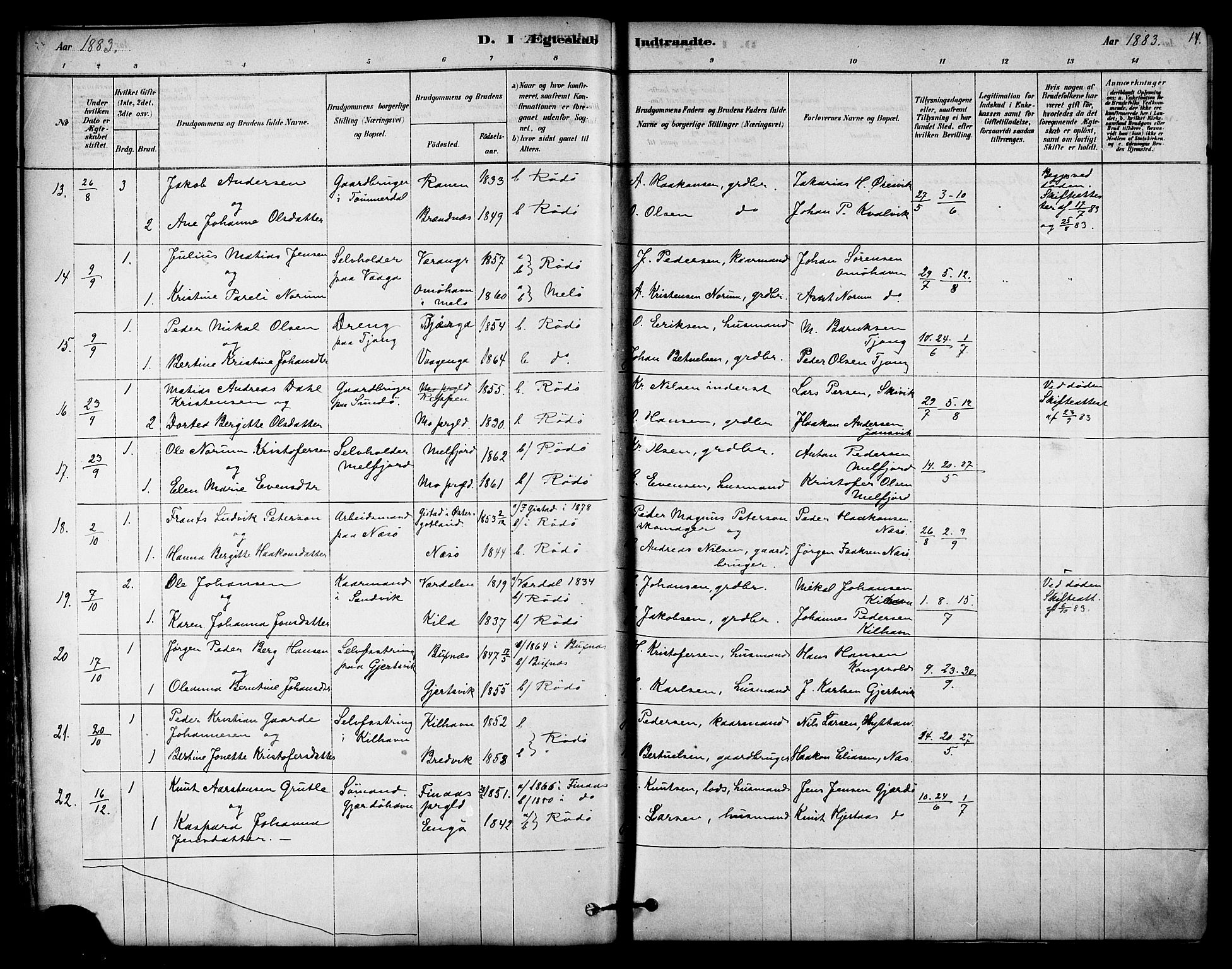 Ministerialprotokoller, klokkerbøker og fødselsregistre - Nordland, AV/SAT-A-1459/841/L0609: Parish register (official) no. 841A13, 1878-1902, p. 14