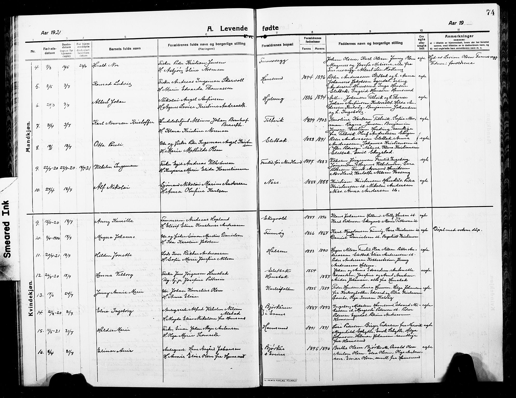 Ministerialprotokoller, klokkerbøker og fødselsregistre - Nordland, AV/SAT-A-1459/859/L0861: Parish register (copy) no. 859C07, 1910-1925, p. 74