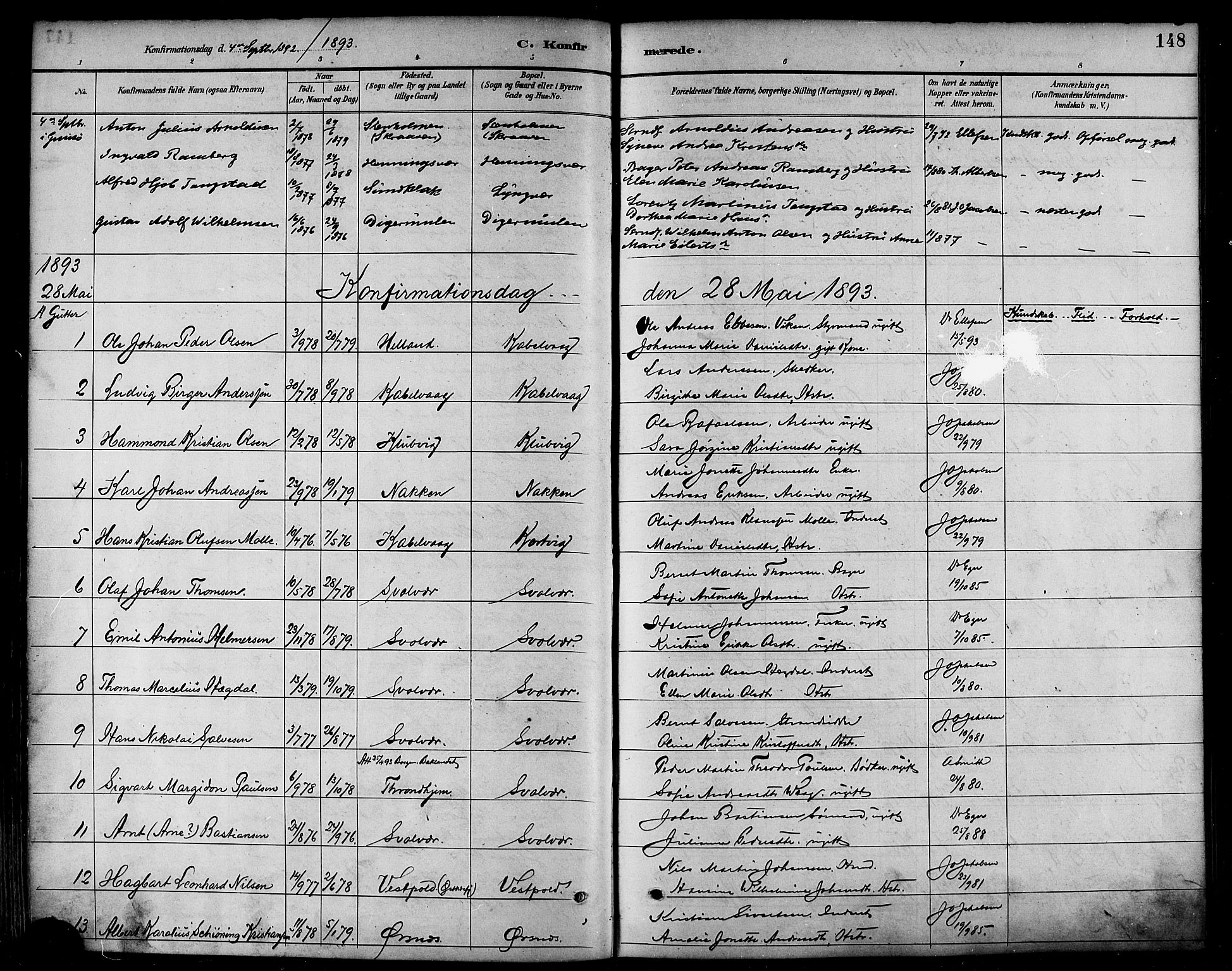 Ministerialprotokoller, klokkerbøker og fødselsregistre - Nordland, SAT/A-1459/874/L1060: Parish register (official) no. 874A04, 1890-1899, p. 148