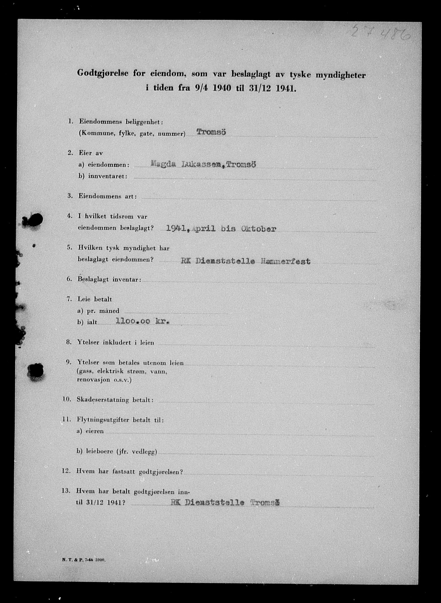 Justisdepartementet, Tilbakeføringskontoret for inndratte formuer, AV/RA-S-1564/I/L1019: Godtgjørelse for beslaglagt eiendom, 1940-1941, p. 125