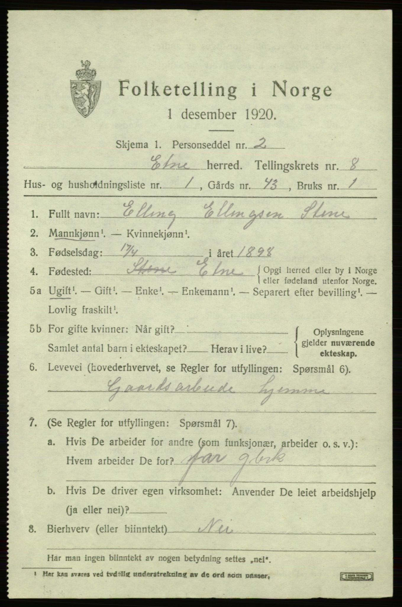 SAB, 1920 census for Etne, 1920, p. 3387