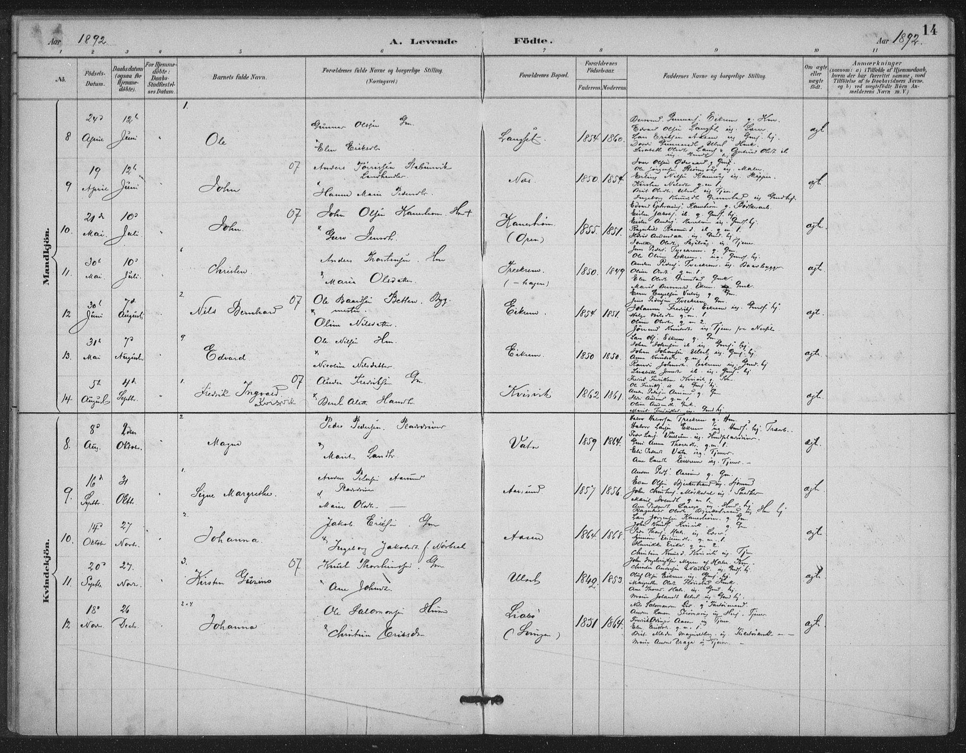 Ministerialprotokoller, klokkerbøker og fødselsregistre - Møre og Romsdal, AV/SAT-A-1454/587/L1000: Parish register (official) no. 587A02, 1887-1910, p. 14