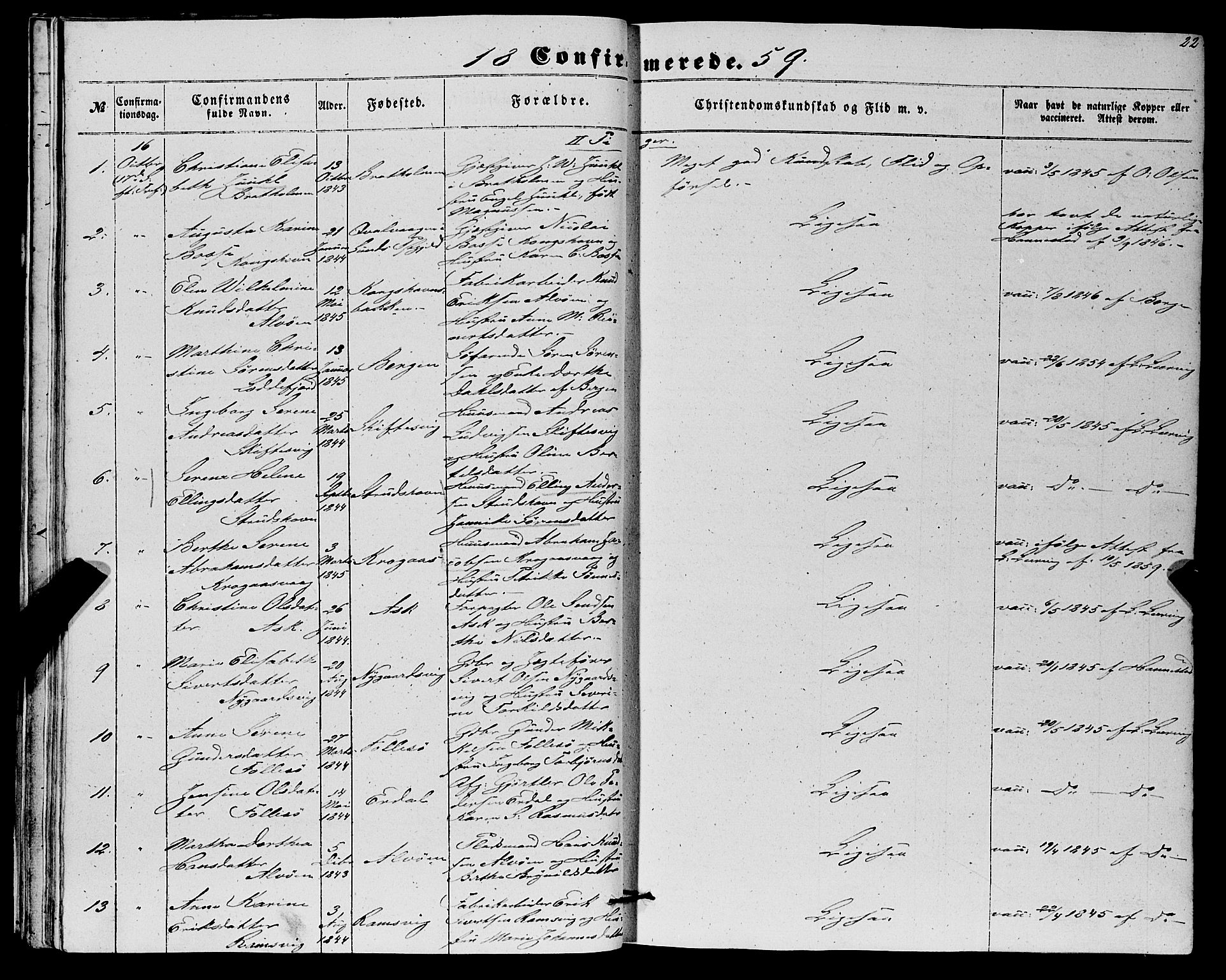 Askøy Sokneprestembete, SAB/A-74101/H/Ha/Haa/Haaa/L0012: Parish register (official) no. A 12, 1855-1877, p. 22