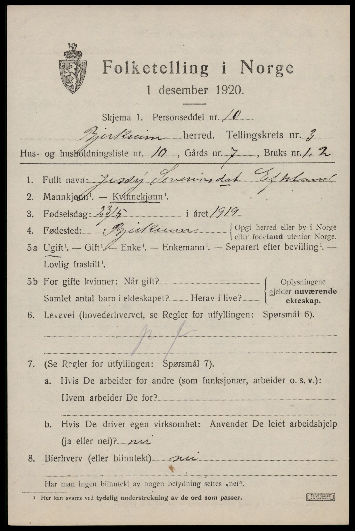 SAST, 1920 census for Bjerkreim, 1920, p. 1764