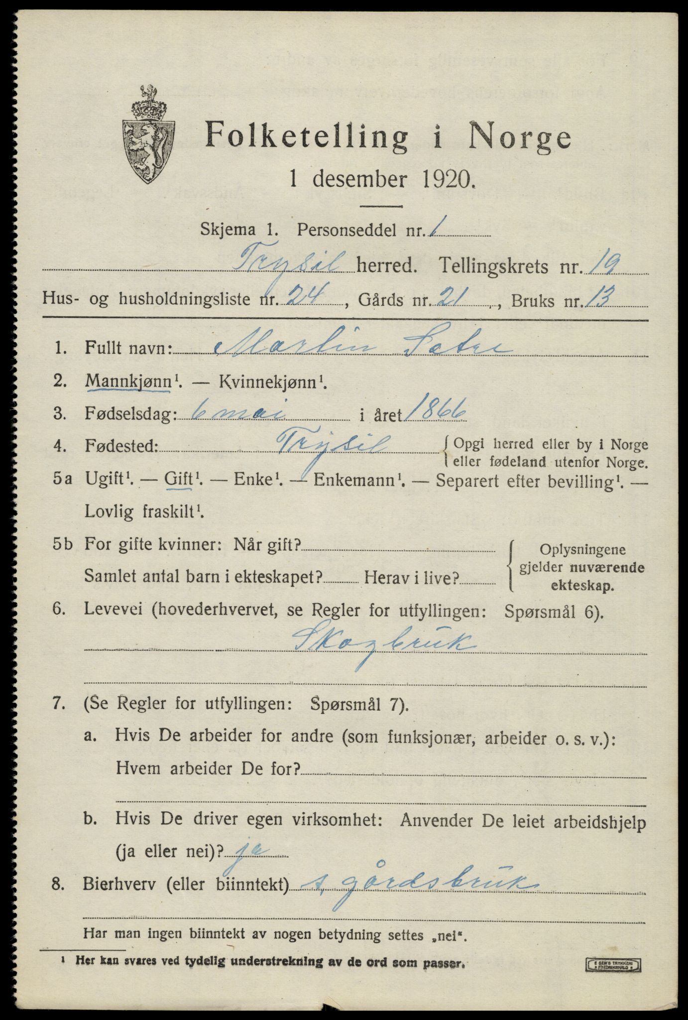 SAH, 1920 census for Trysil, 1920, p. 13001