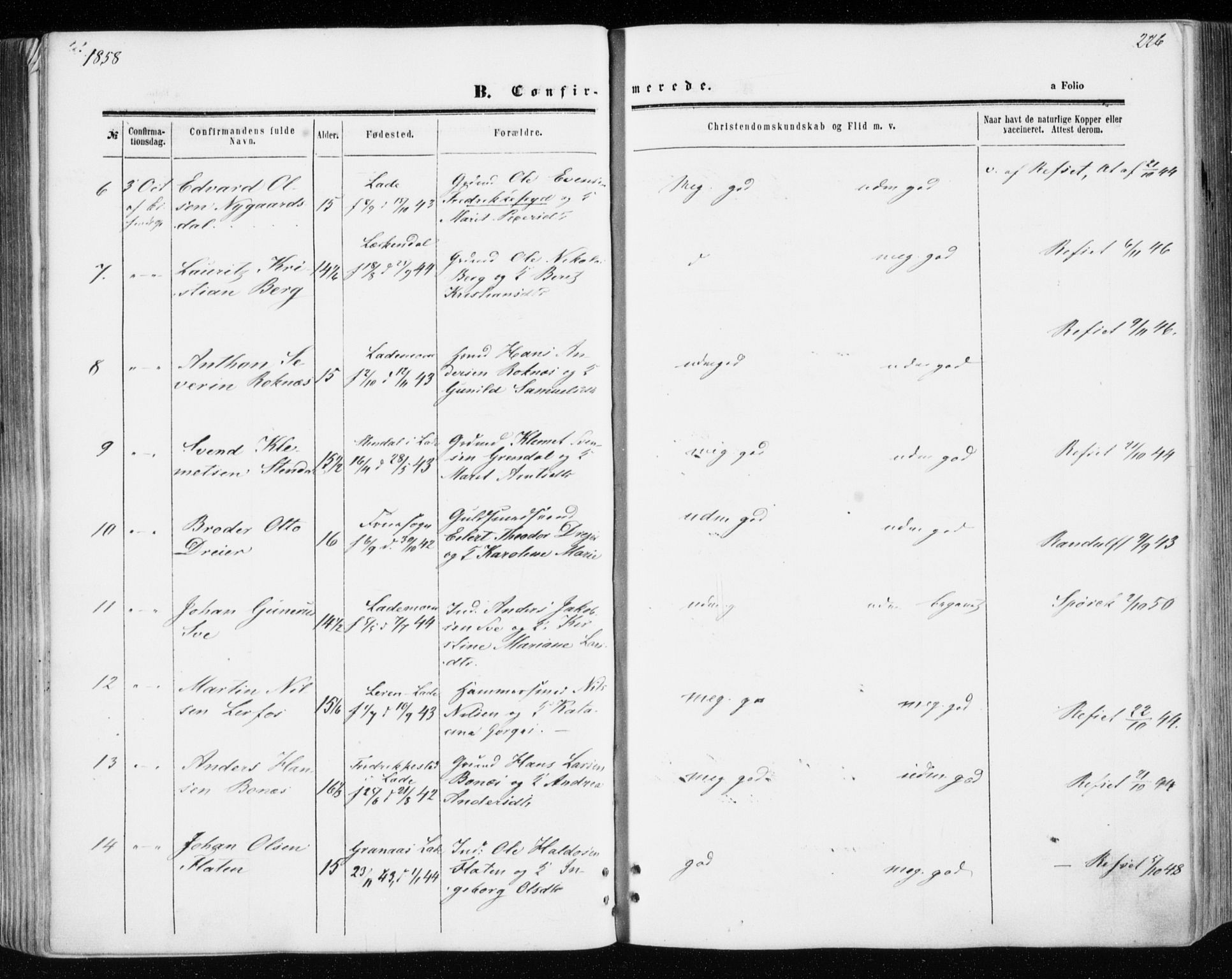 Ministerialprotokoller, klokkerbøker og fødselsregistre - Sør-Trøndelag, AV/SAT-A-1456/606/L0292: Parish register (official) no. 606A07, 1856-1865, p. 226