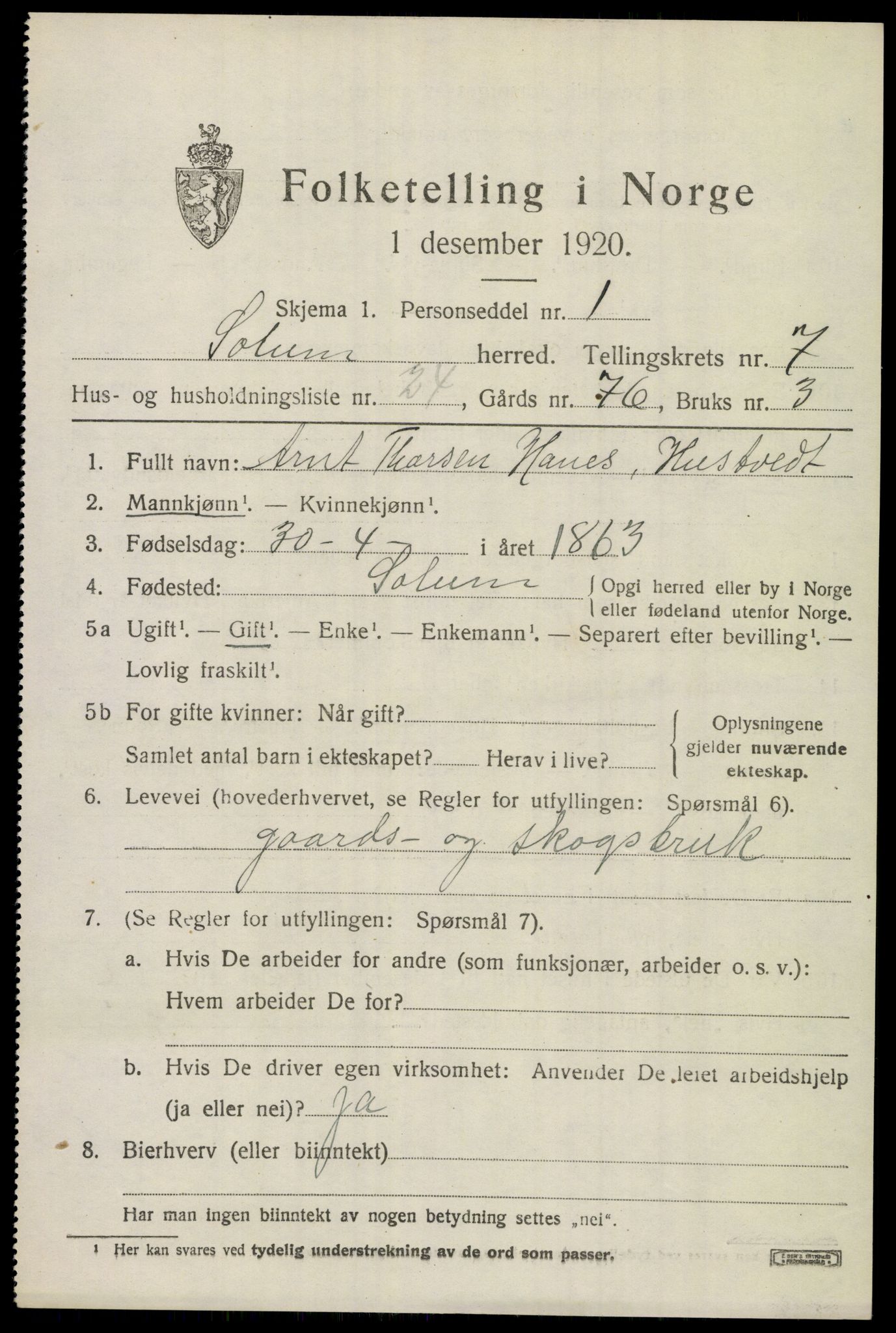 SAKO, 1920 census for Solum, 1920, p. 14064