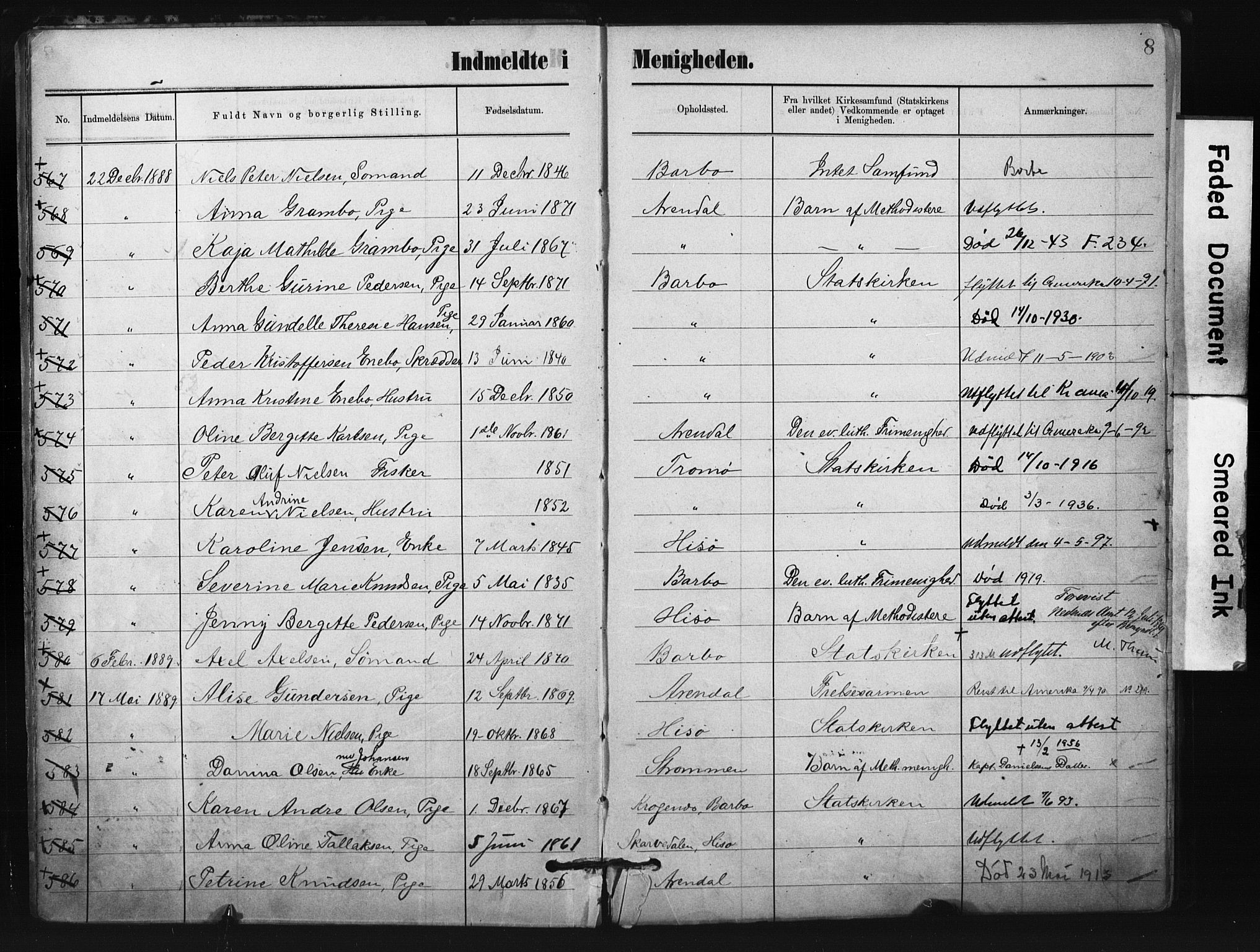 Metodistmenigheten, Arendal, AV/SAK-1292-0011/F/Fa/L0004: Dissenter register no. F-4, 1883-1892, p. 8