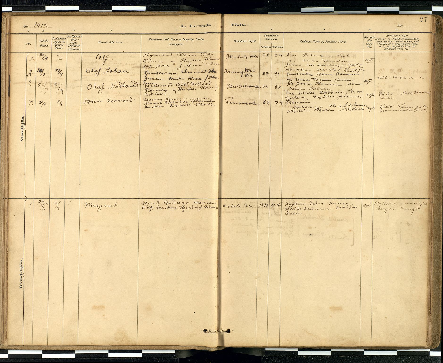 Den norske sjømannsmisjon i utlandet / Quebec (Canada) samt Pensacola--Savannah-Mobile-New Orleans-Gulfport (Gulfhamnene i USA), AV/SAB-SAB/PA-0114/H/Ha/L0001: Parish register (official) no. A 1, 1887-1924, p. 26b-27a