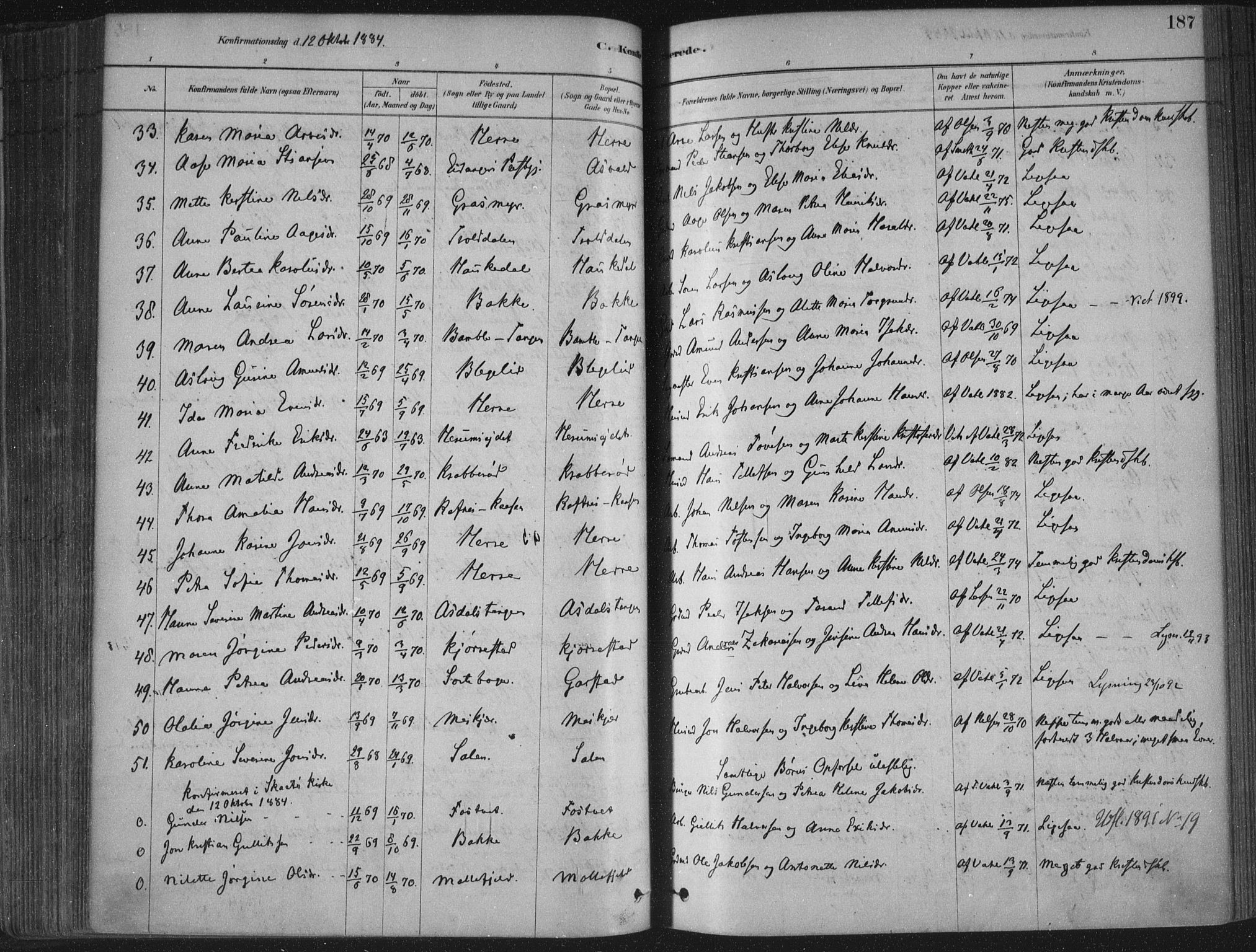 Bamble kirkebøker, SAKO/A-253/F/Fa/L0007: Parish register (official) no. I 7, 1878-1888, p. 187