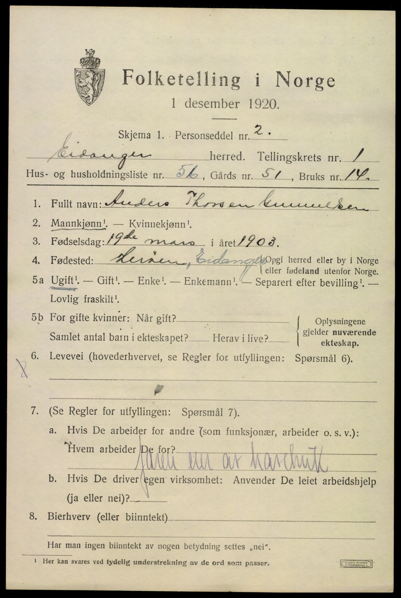 SAKO, 1920 census for Eidanger, 1920, p. 2352