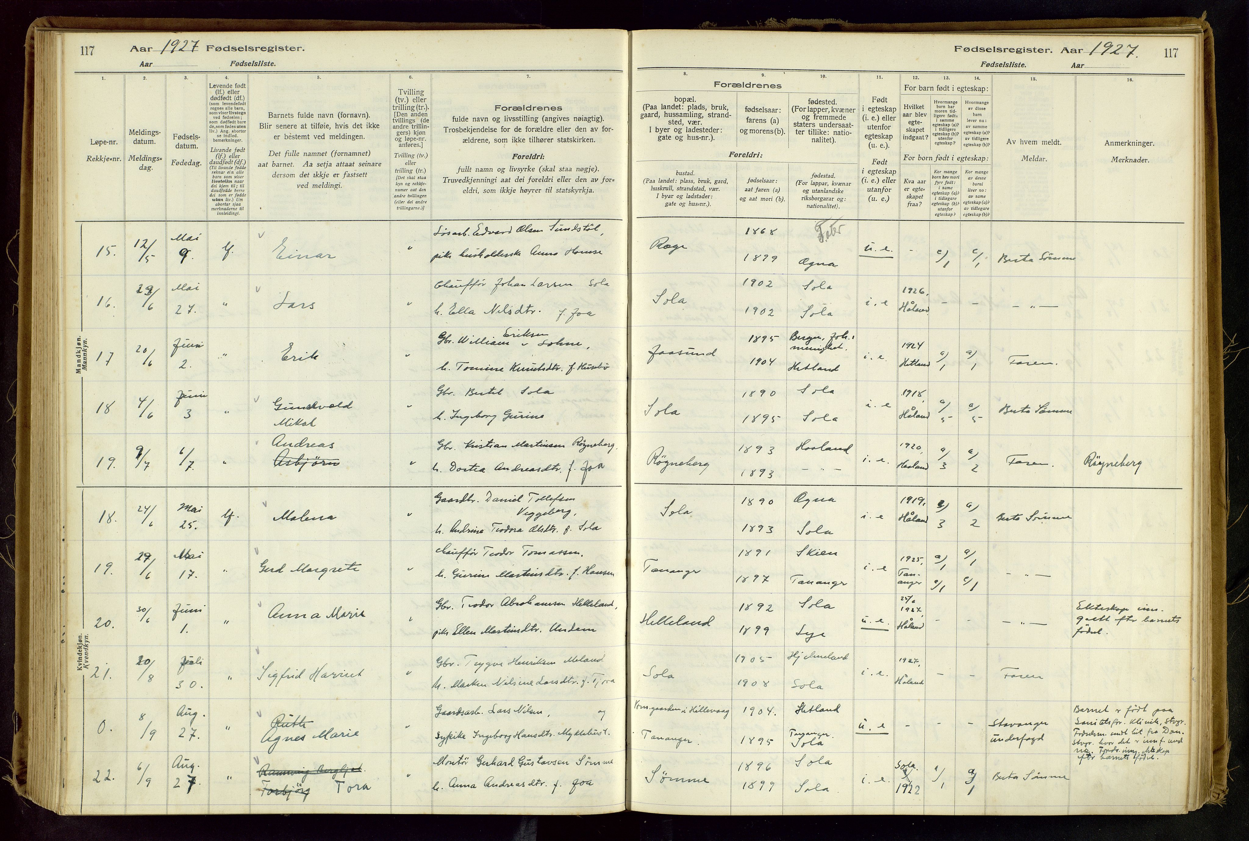 Håland sokneprestkontor, AV/SAST-A-101802/001/704BA/L0001: Birth register no. 1, 1916-1936, p. 117