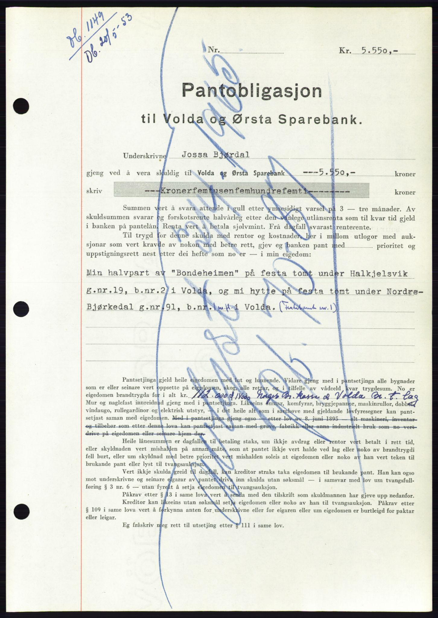 Søre Sunnmøre sorenskriveri, AV/SAT-A-4122/1/2/2C/L0123: Mortgage book no. 11B, 1953-1953, Diary no: : 1149/1953