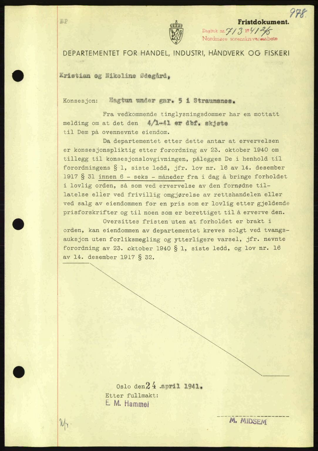 Nordmøre sorenskriveri, AV/SAT-A-4132/1/2/2Ca: Mortgage book no. B87, 1940-1941, Diary no: : 713/1941