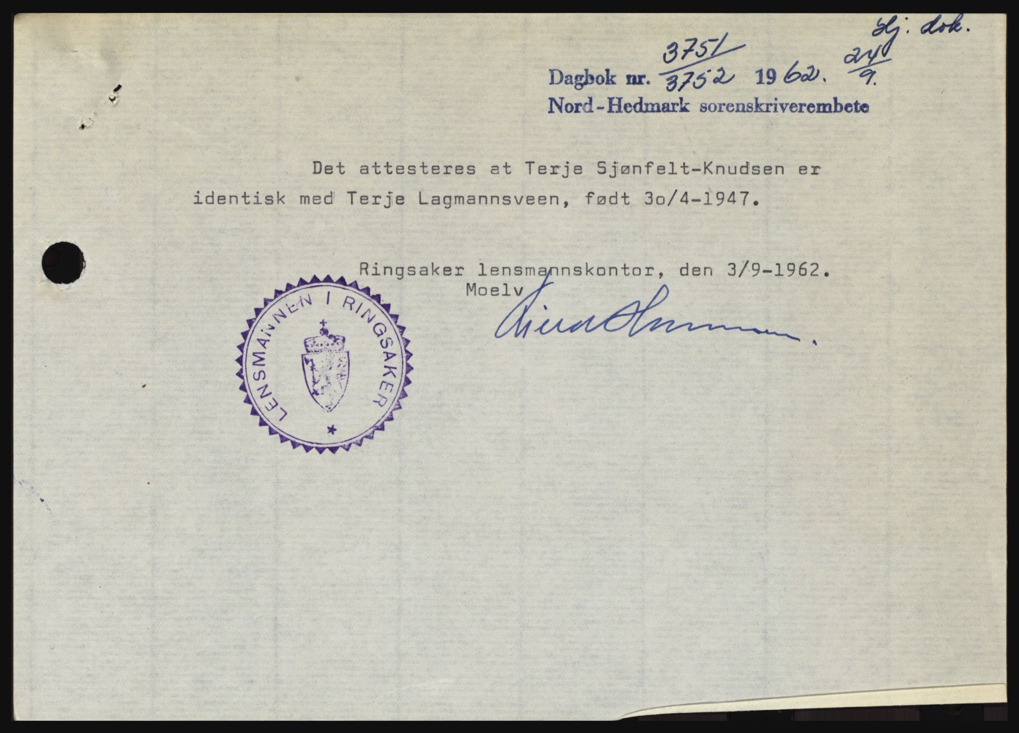 Nord-Hedmark sorenskriveri, SAH/TING-012/H/Hc/L0016: Mortgage book no. 16, 1962-1962, Diary no: : 3751/1962