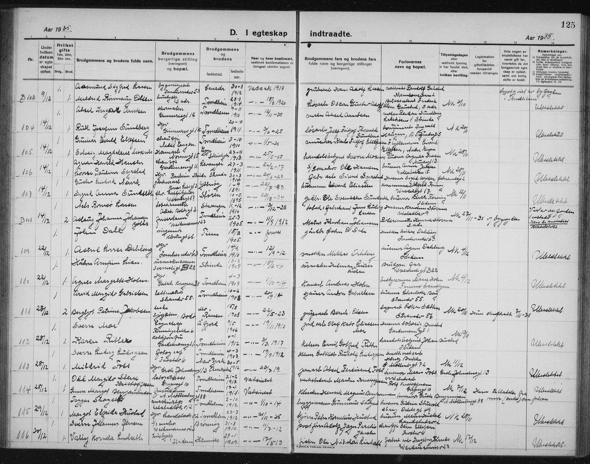 Ministerialprotokoller, klokkerbøker og fødselsregistre - Sør-Trøndelag, AV/SAT-A-1456/605/L0260: Parish register (copy) no. 605C07, 1922-1942, p. 125