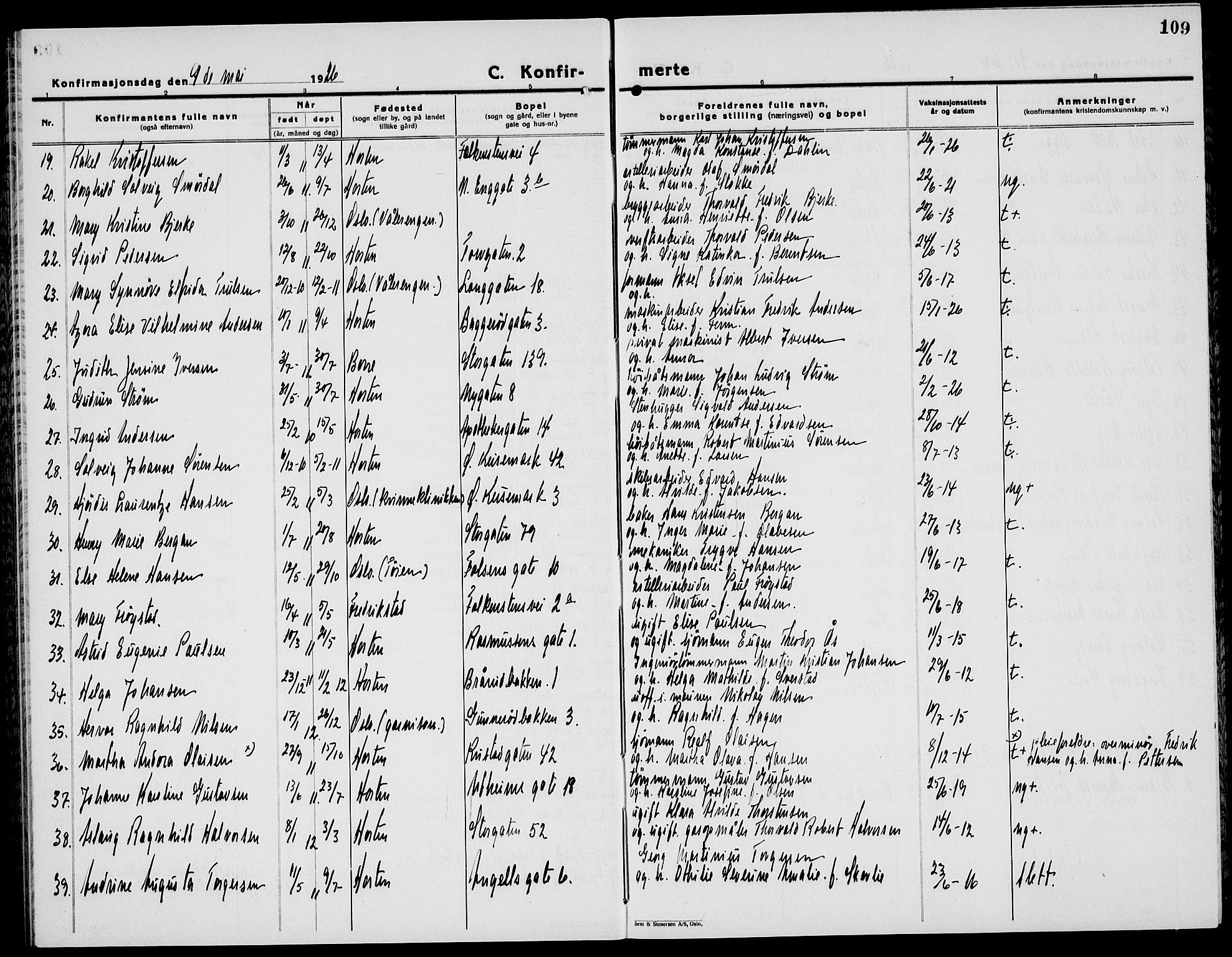 Horten kirkebøker, AV/SAKO-A-348/G/Ga/L0009: Parish register (copy) no. 9, 1926-1936, p. 109