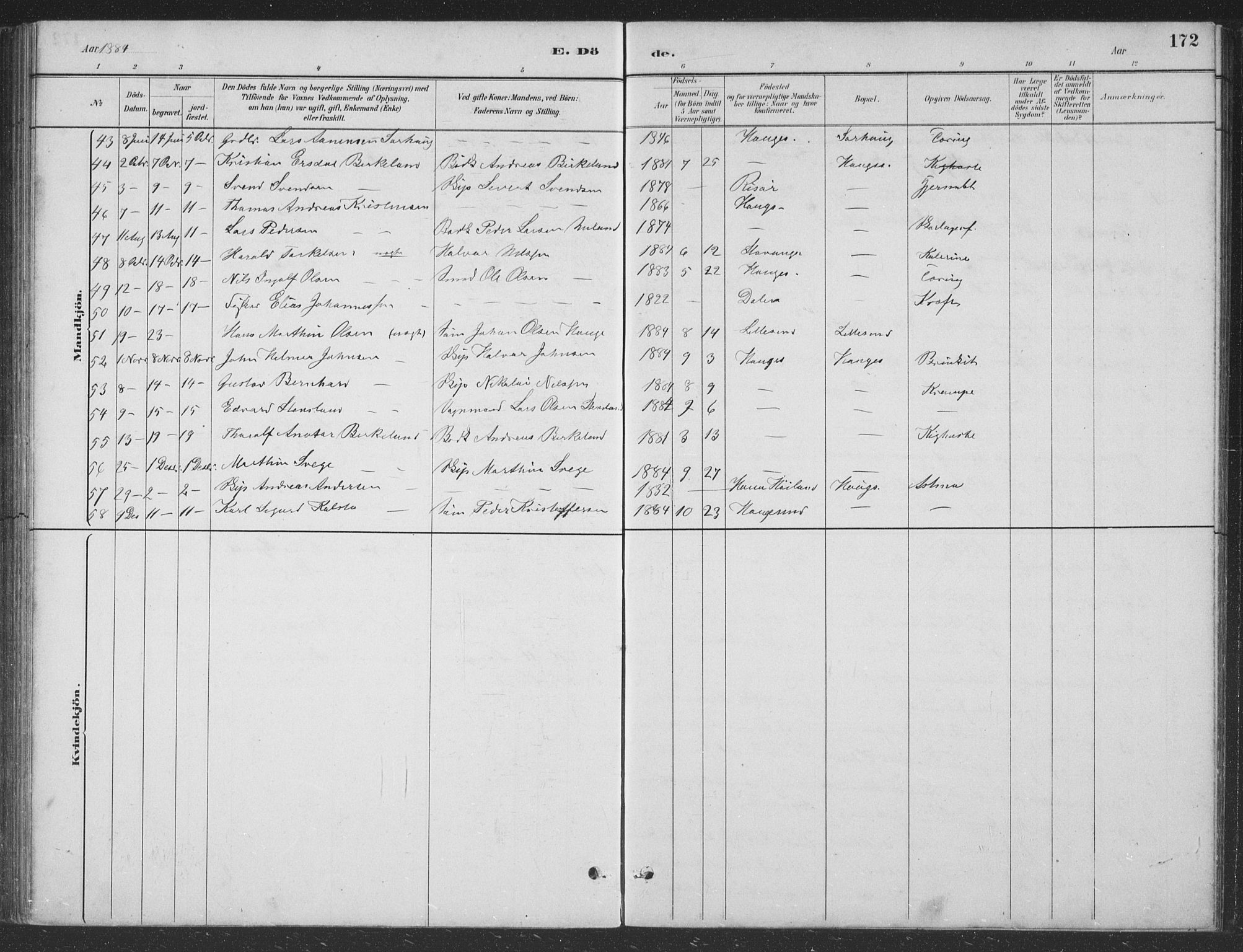 Haugesund sokneprestkontor, SAST/A -101863/H/Ha/Hab/L0002: Parish register (copy) no. B 2, 1881-1894, p. 172