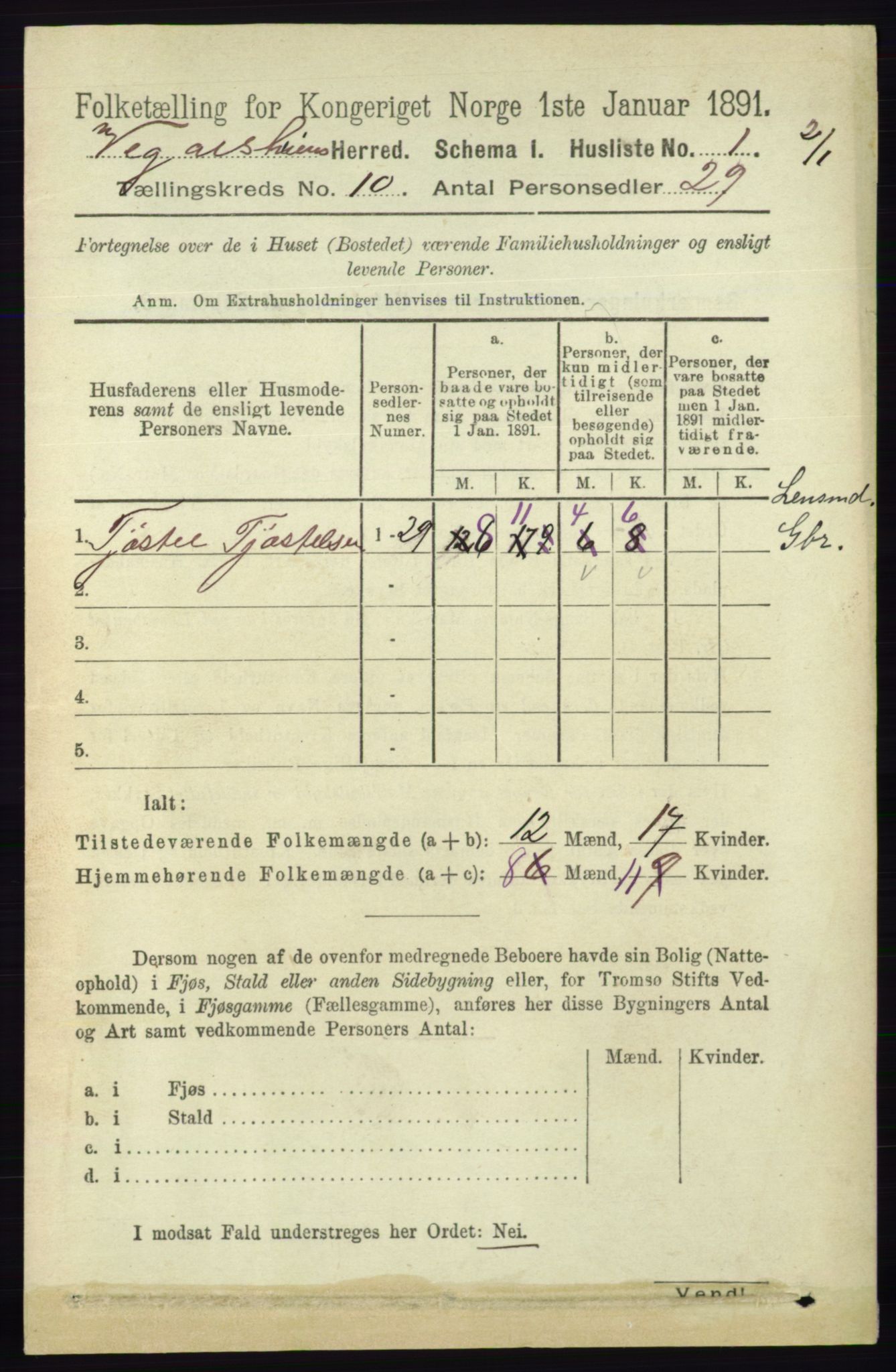RA, 1891 census for 0912 Vegårshei, 1891, p. 1879