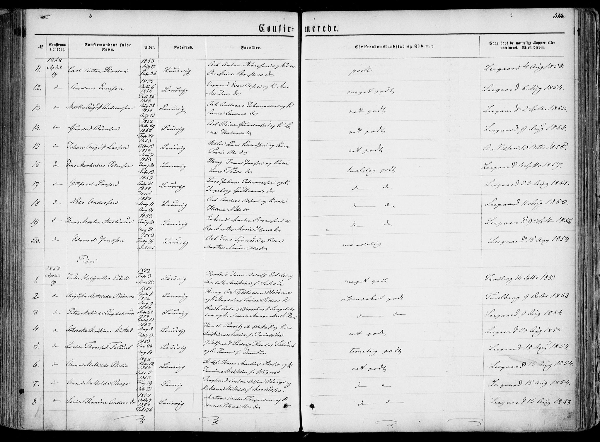 Larvik kirkebøker, AV/SAKO-A-352/F/Fa/L0004: Parish register (official) no. I 4, 1856-1870, p. 313