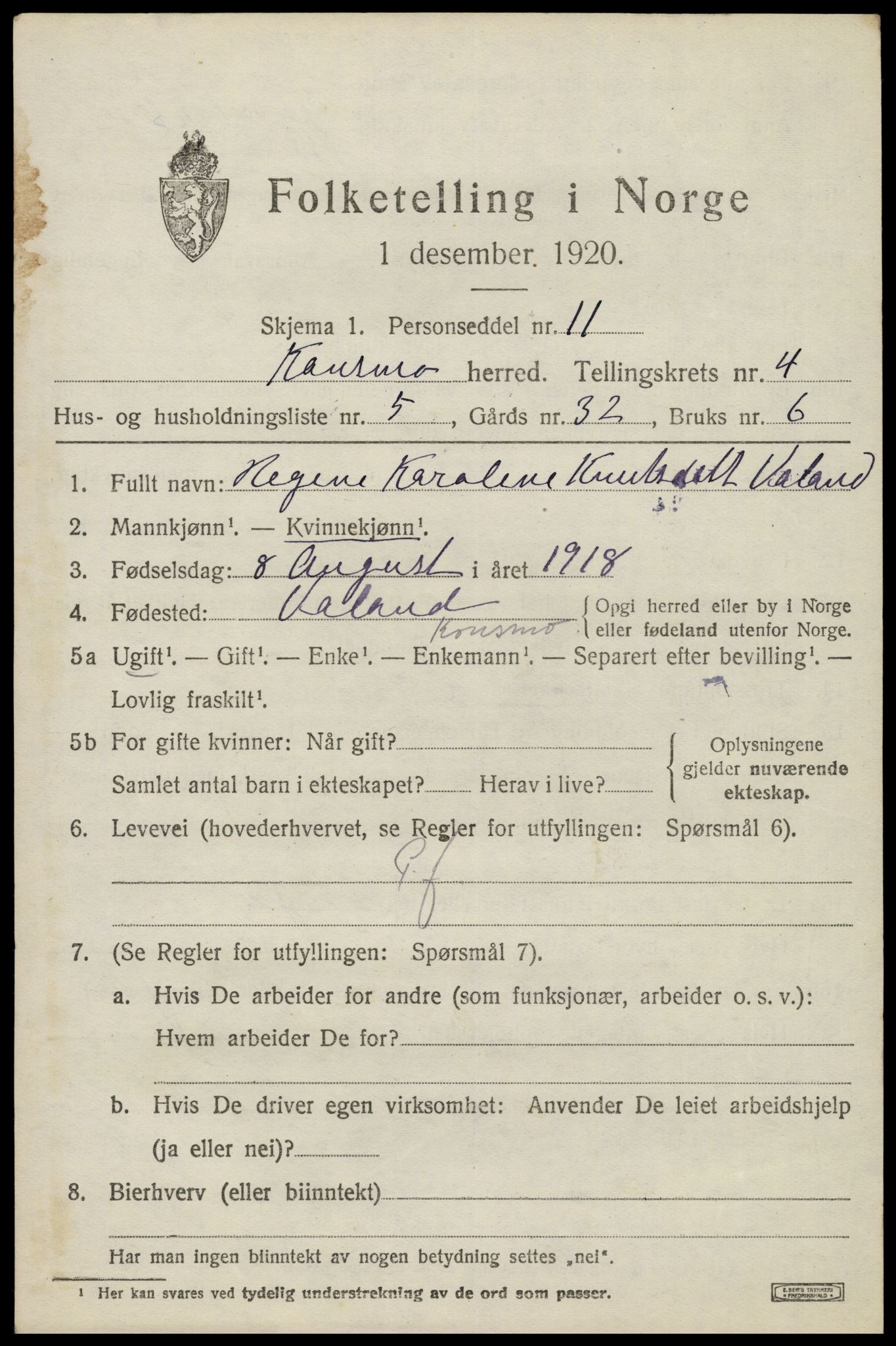 SAK, 1920 census for Konsmo, 1920, p. 1254