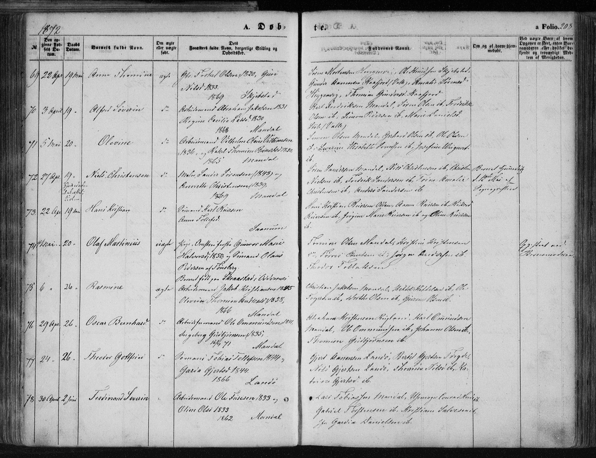 Mandal sokneprestkontor, AV/SAK-1111-0030/F/Fa/Faa/L0014: Parish register (official) no. A 14, 1859-1872, p. 208