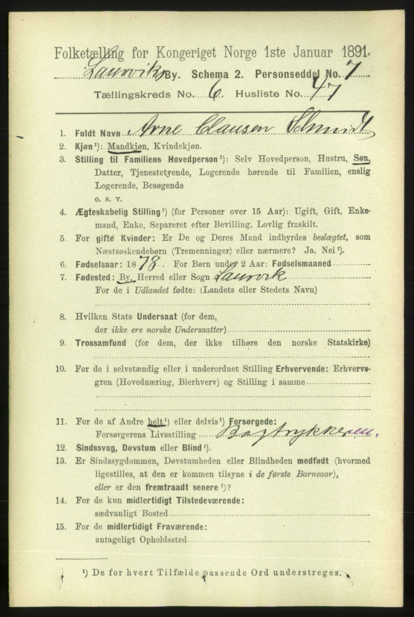 RA, 1891 census for 0707 Larvik, 1891, p. 7138