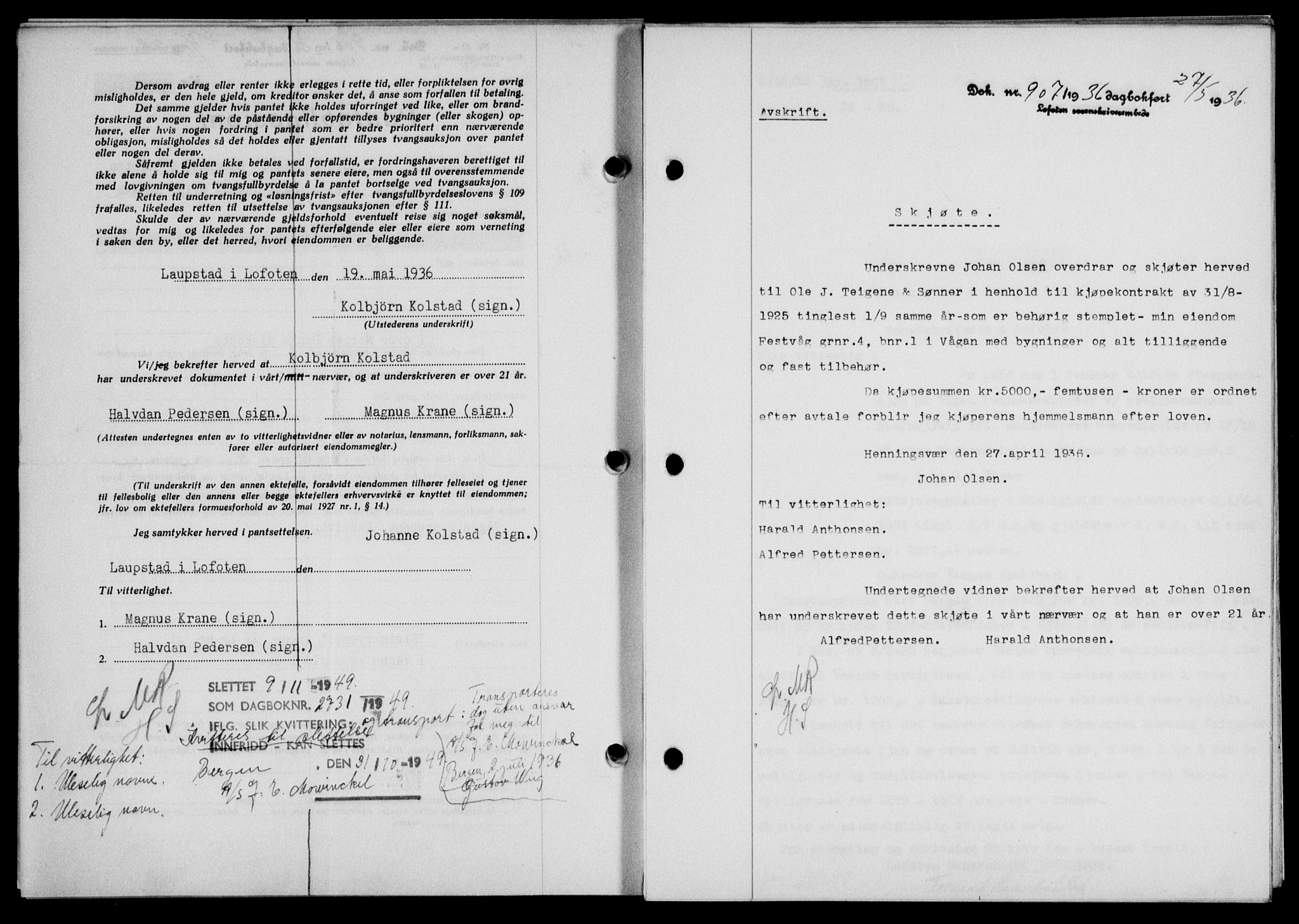 Lofoten sorenskriveri, SAT/A-0017/1/2/2C/L0033b: Mortgage book no. 33b, 1936-1936, Diary no: : 907/1936