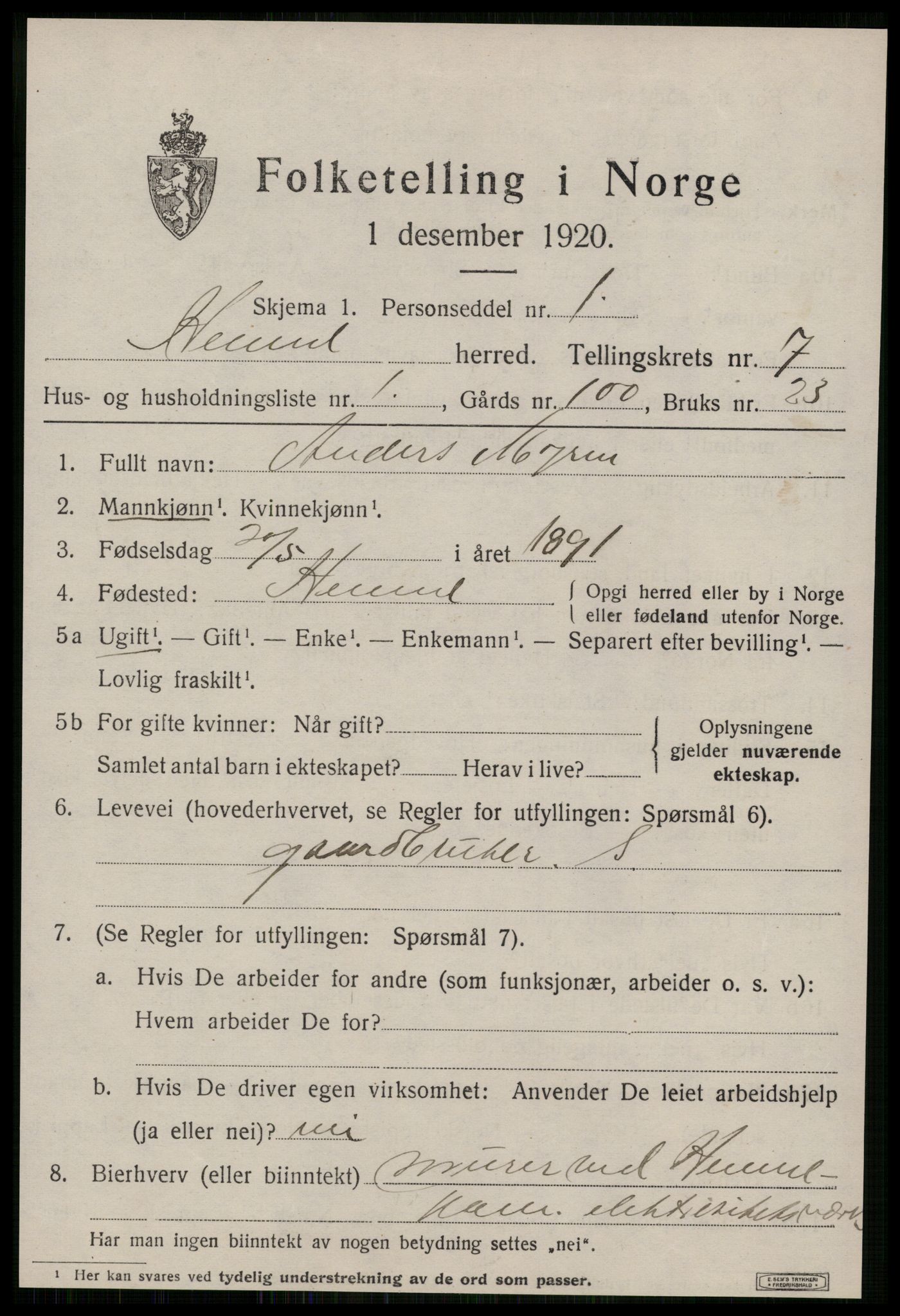 SAT, 1920 census for Hemne, 1920, p. 3994