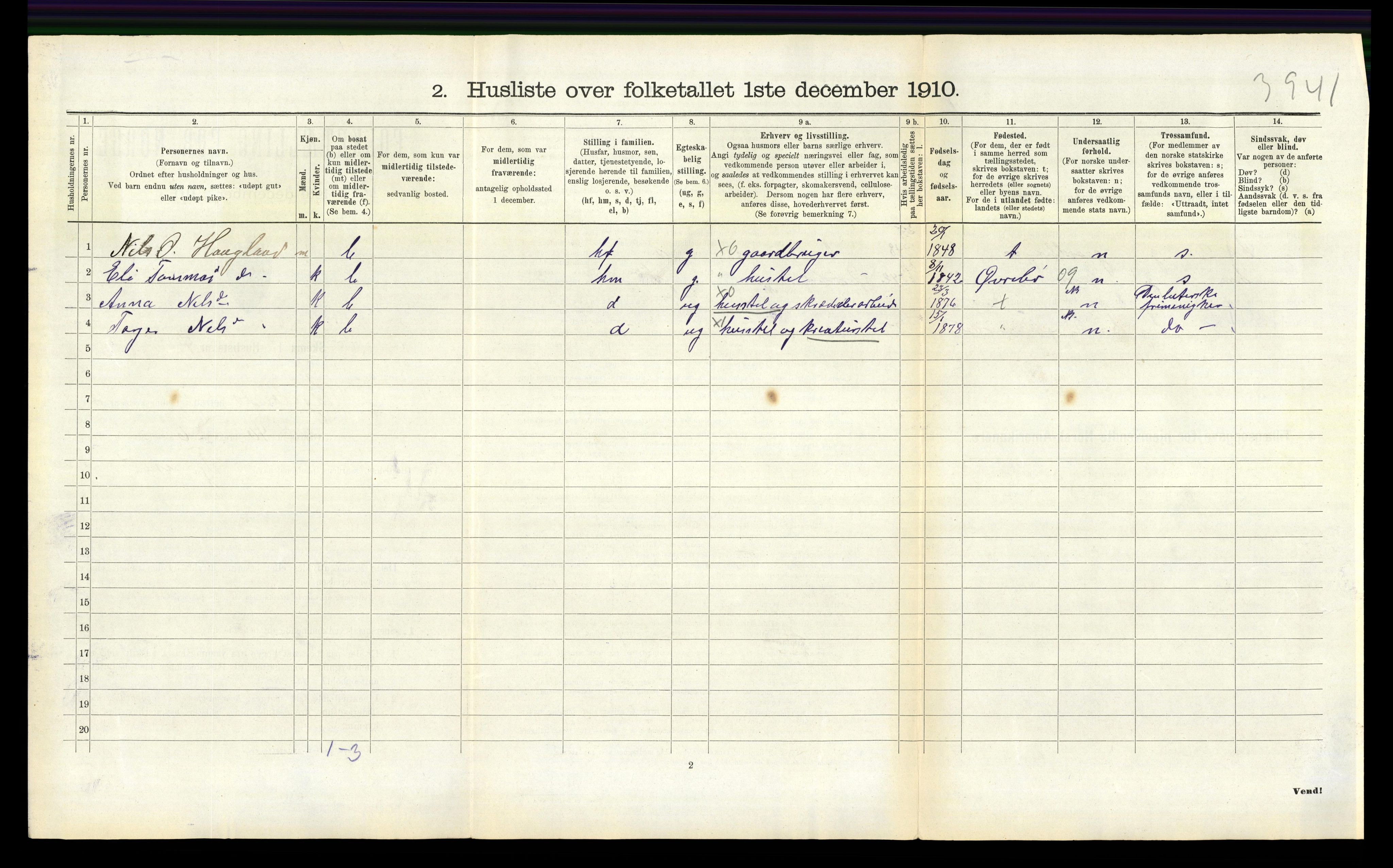 RA, 1910 census for Hægeland, 1910, p. 181