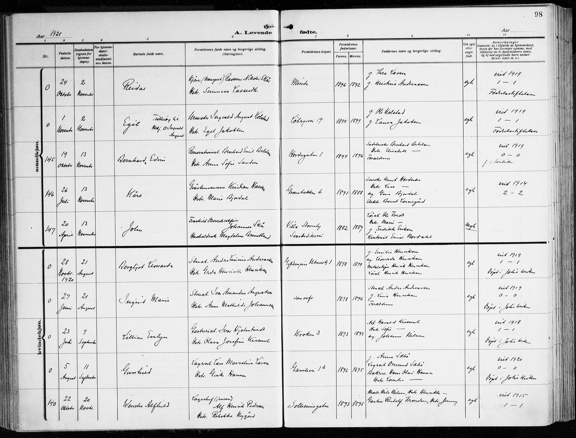 Årstad Sokneprestembete, AV/SAB-A-79301/H/Haa/L0004: Parish register (official) no. A 4, 1919-1928, p. 98