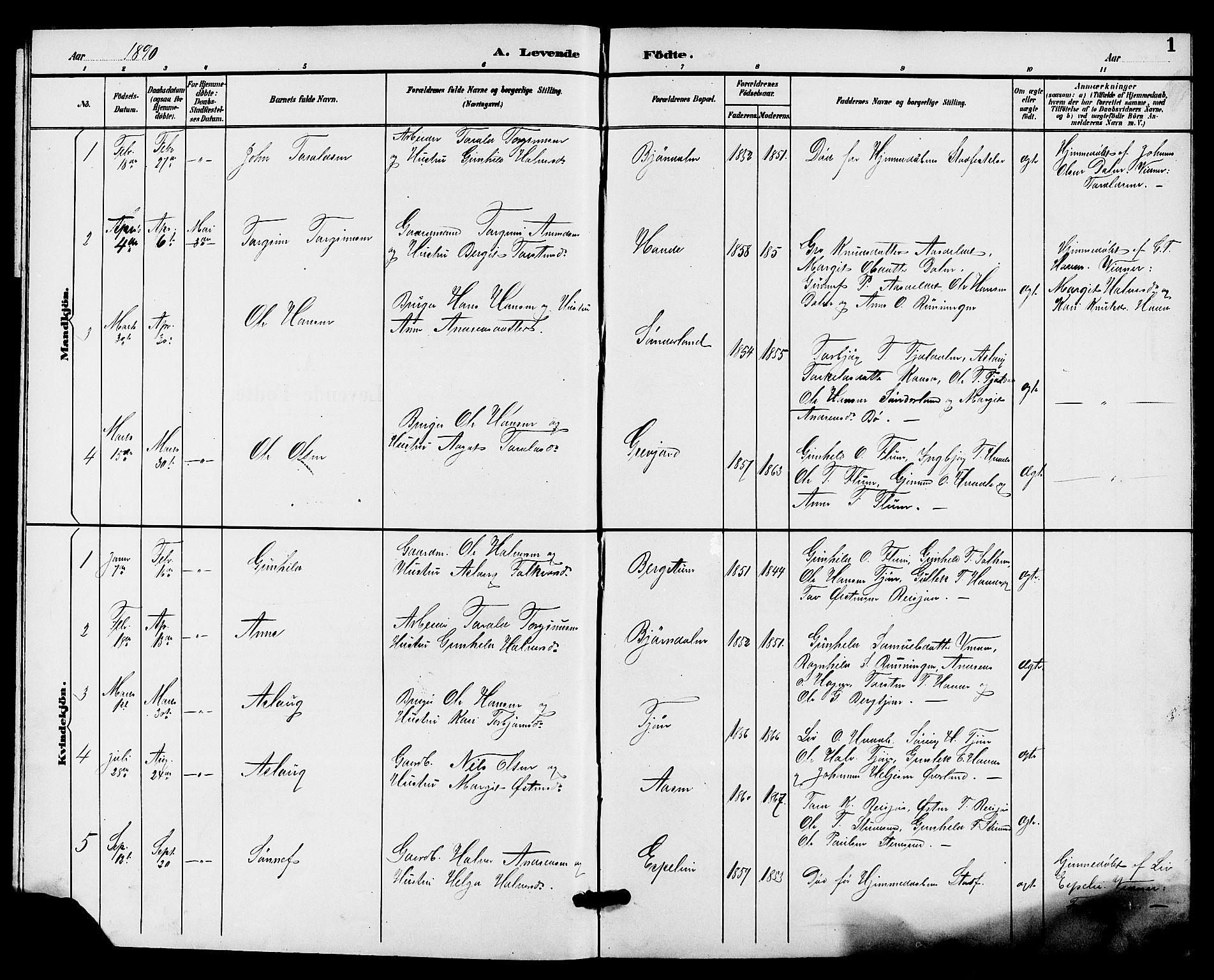 Hjartdal kirkebøker, SAKO/A-270/G/Gc/L0003: Parish register (copy) no. III 3, 1890-1907, p. 1