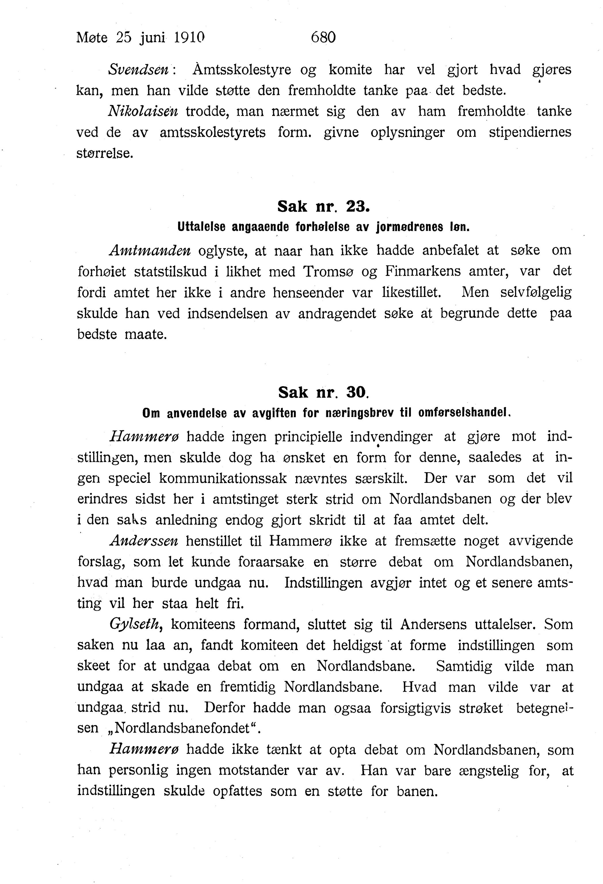 Nordland Fylkeskommune. Fylkestinget, AIN/NFK-17/176/A/Ac/L0033: Fylkestingsforhandlinger 1910, 1910