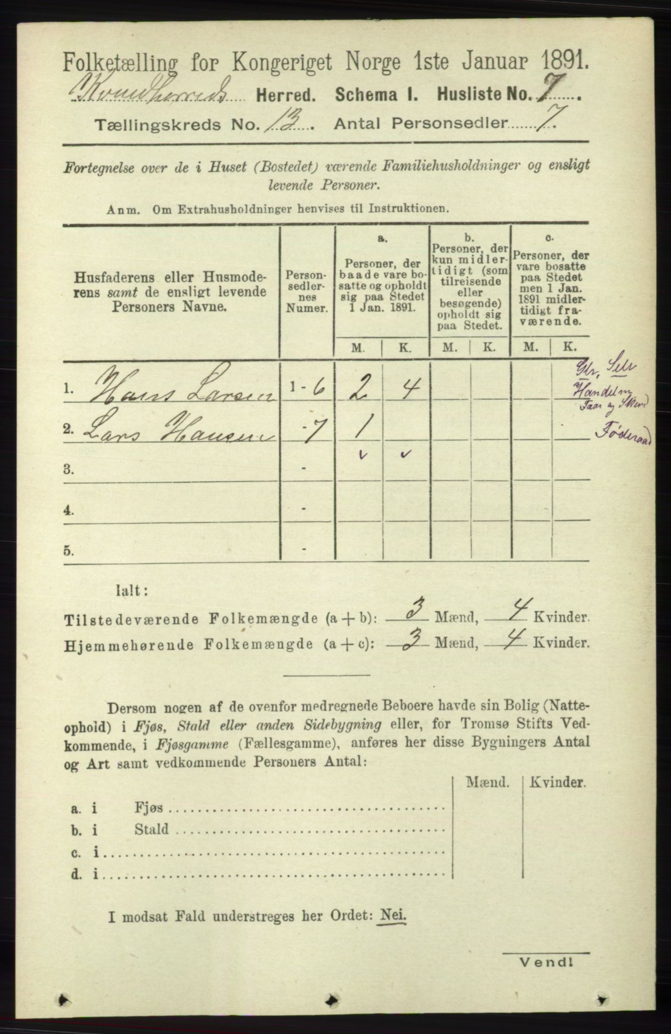 RA, 1891 census for 1224 Kvinnherad, 1891, p. 4212