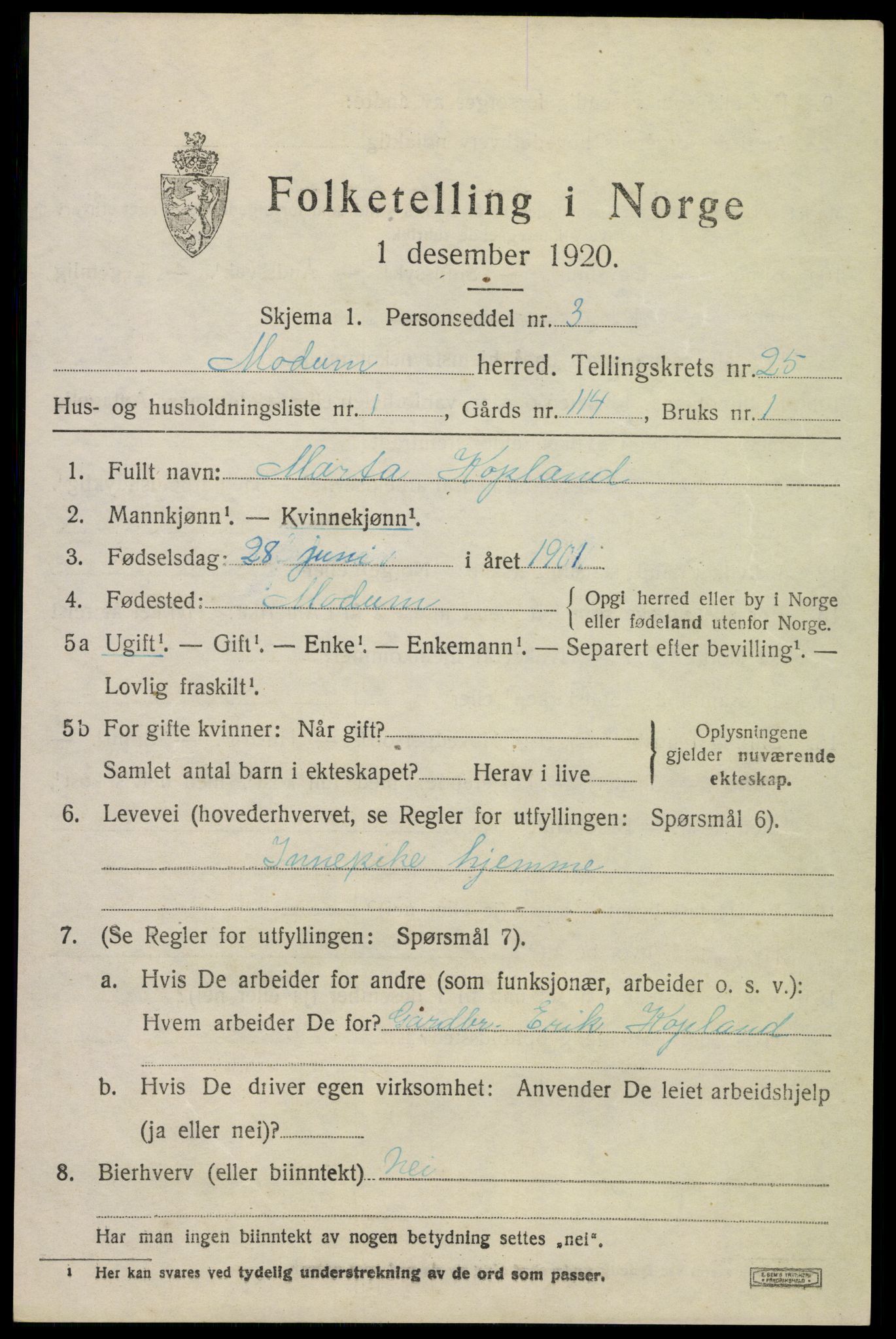 SAKO, 1920 census for Modum, 1920, p. 24781