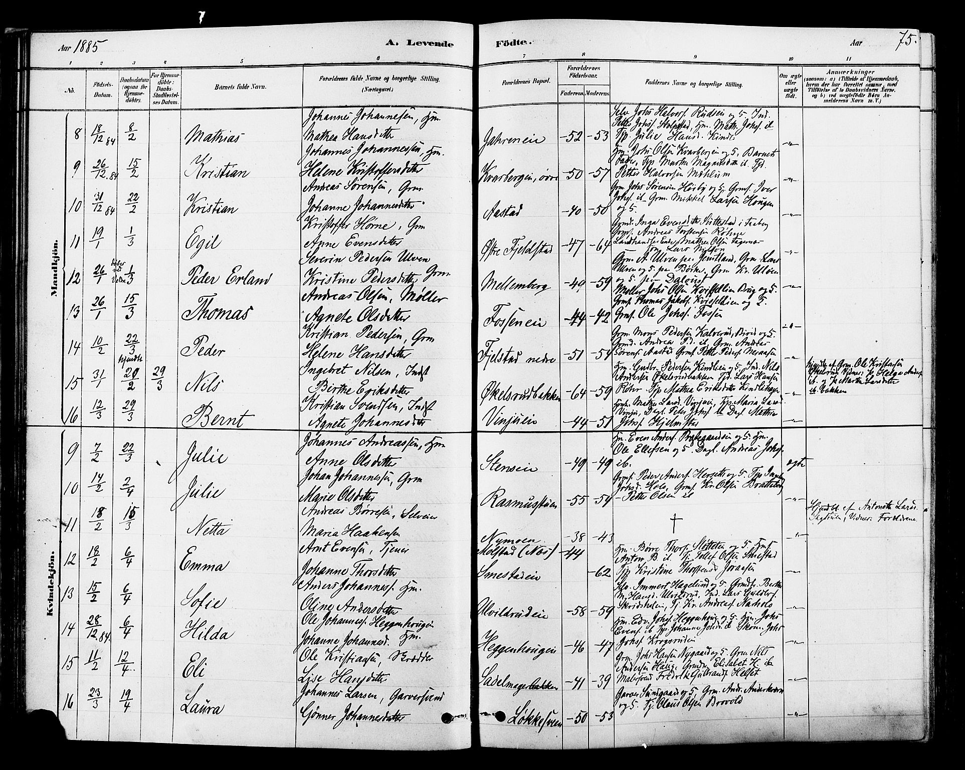 Ringsaker prestekontor, SAH/PREST-014/L/La/L0009: Parish register (copy) no. 9, 1879-1890, p. 75